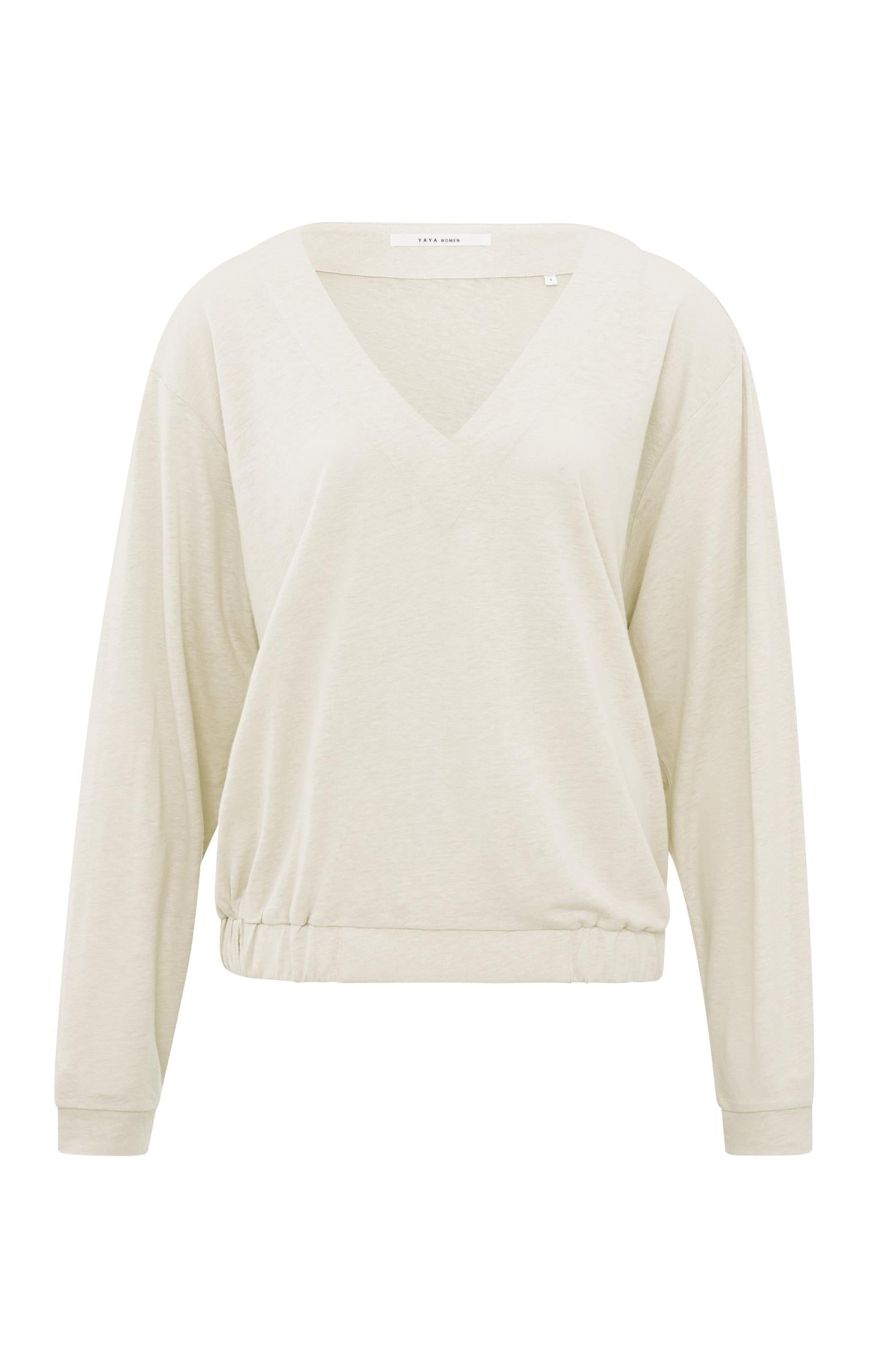 Beige top with long sleeves, V-neck and elastic hem - Type: product