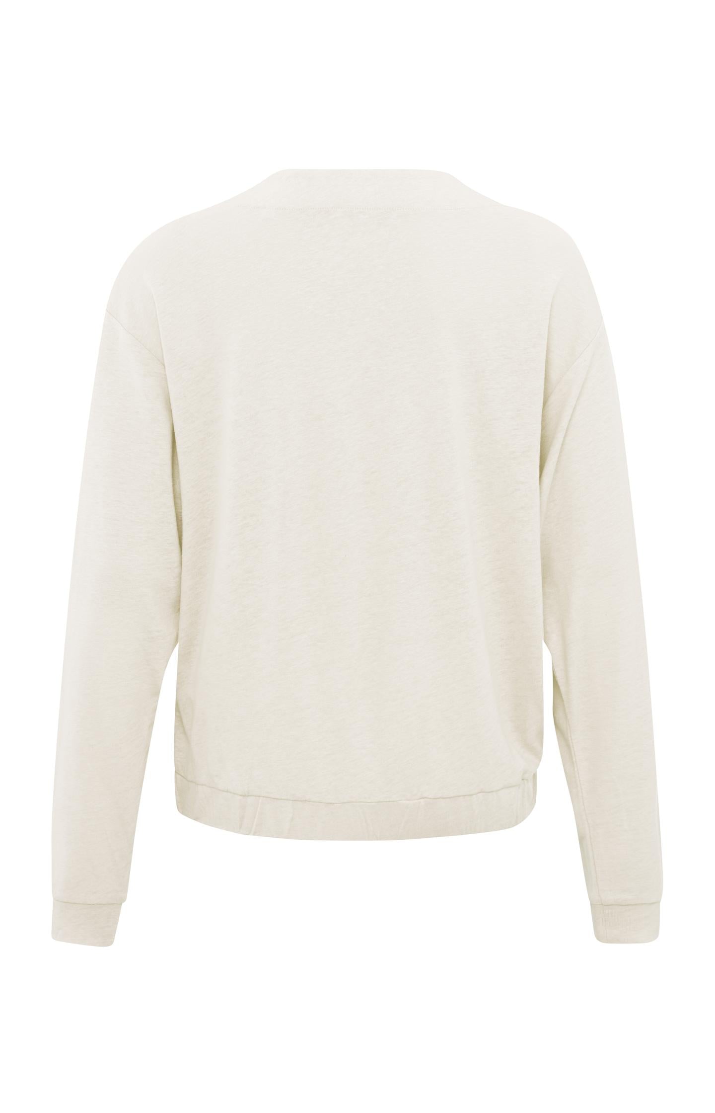 Beige top with long sleeves, V-neck and elastic hem