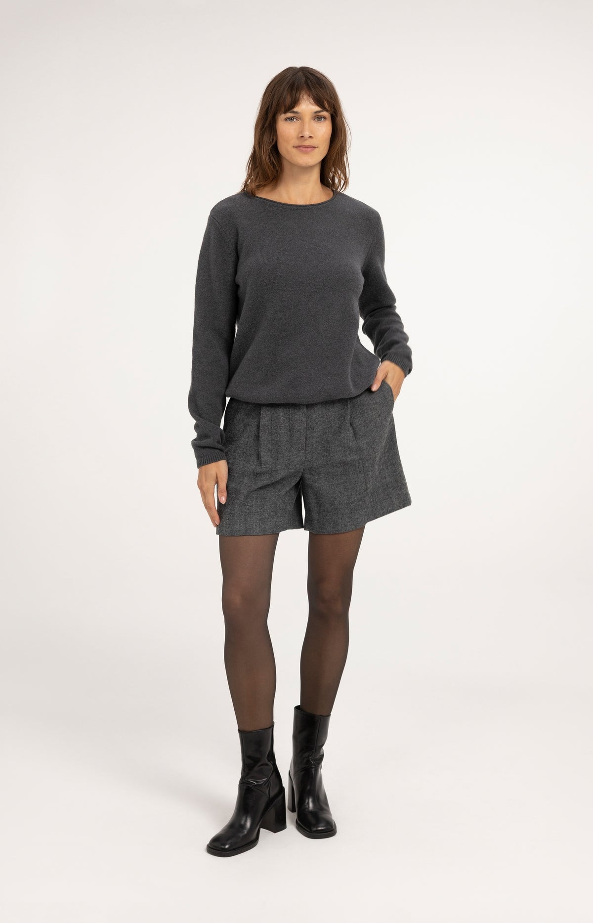 Bermuda shorts in melange herringbone fabric - Medium Grey Melange