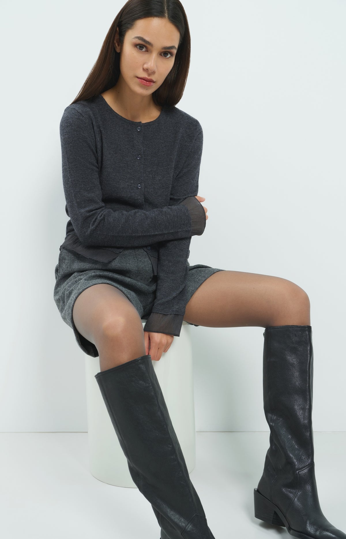 Short bermuda en matière chinée à chevrons - Medium Grey Melange