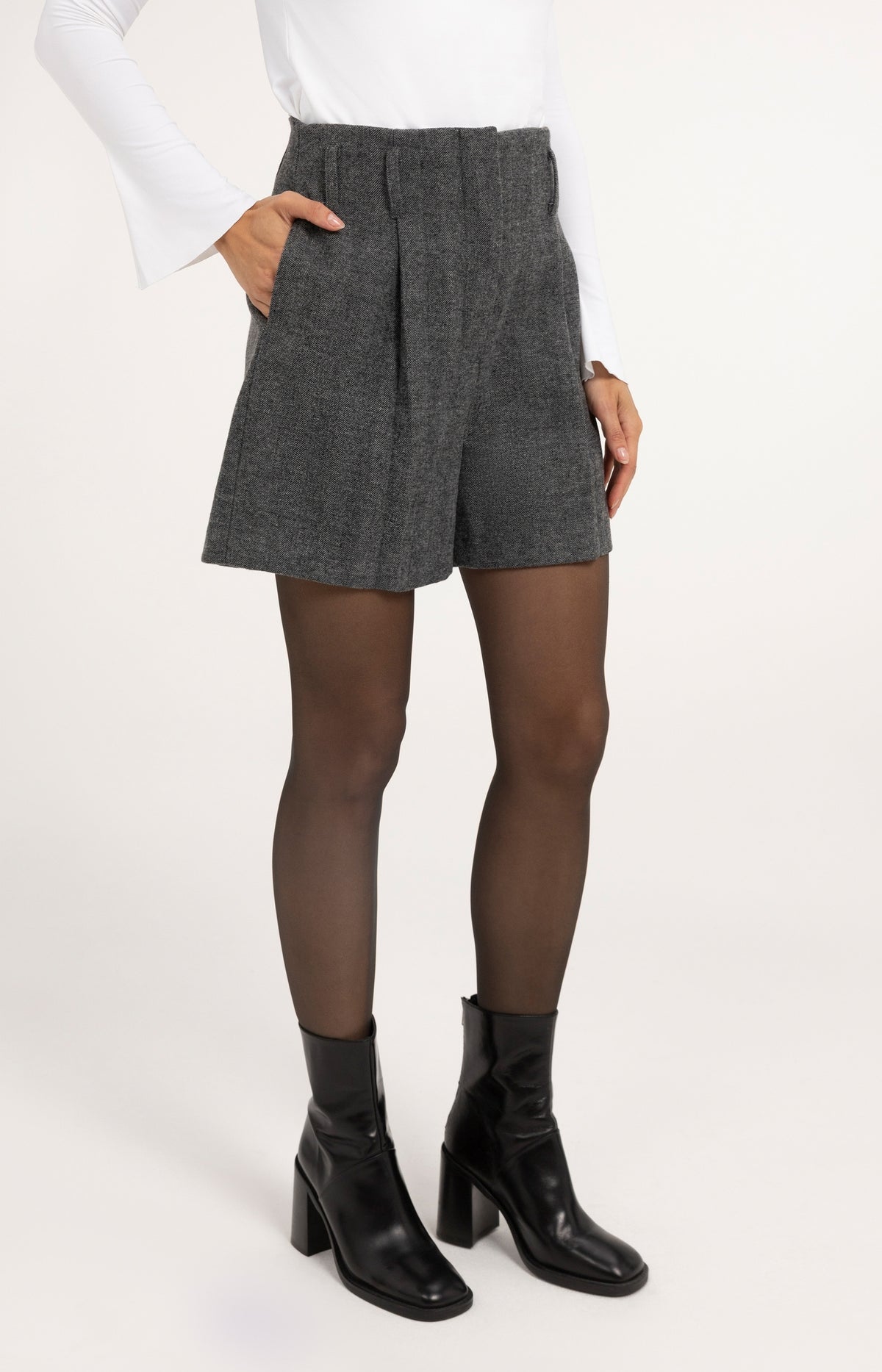 Short bermuda en matière chinée à chevrons - Medium Grey Melange