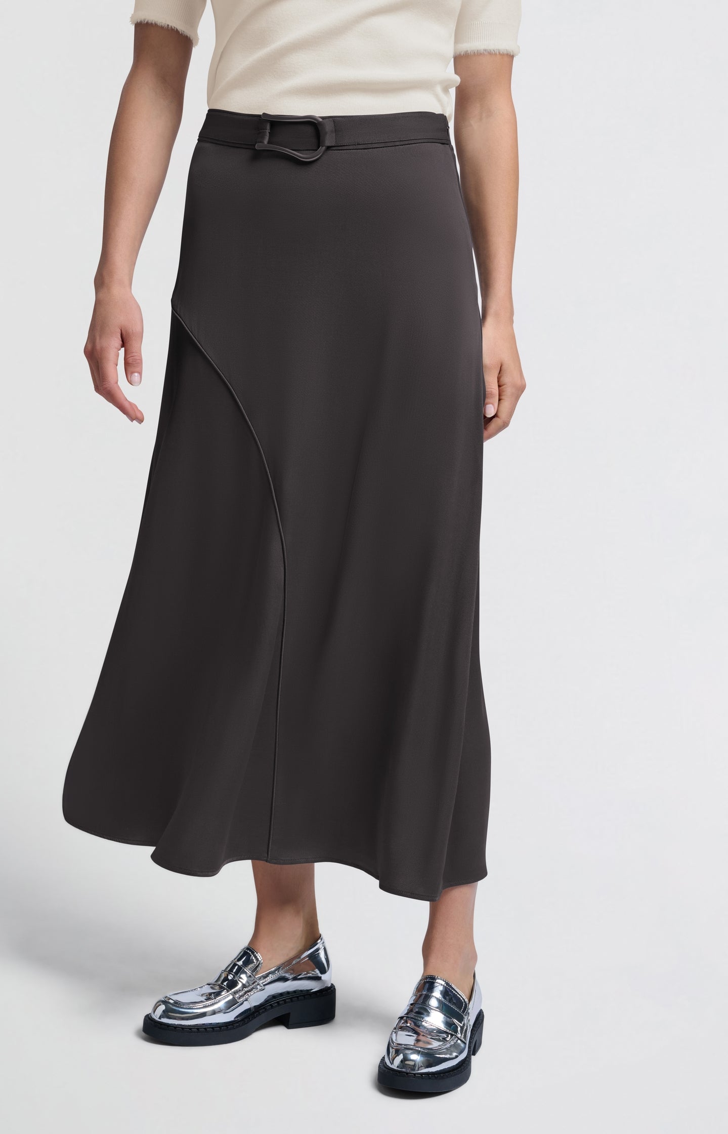 Black asymmetrical midi skirt with buckle detail