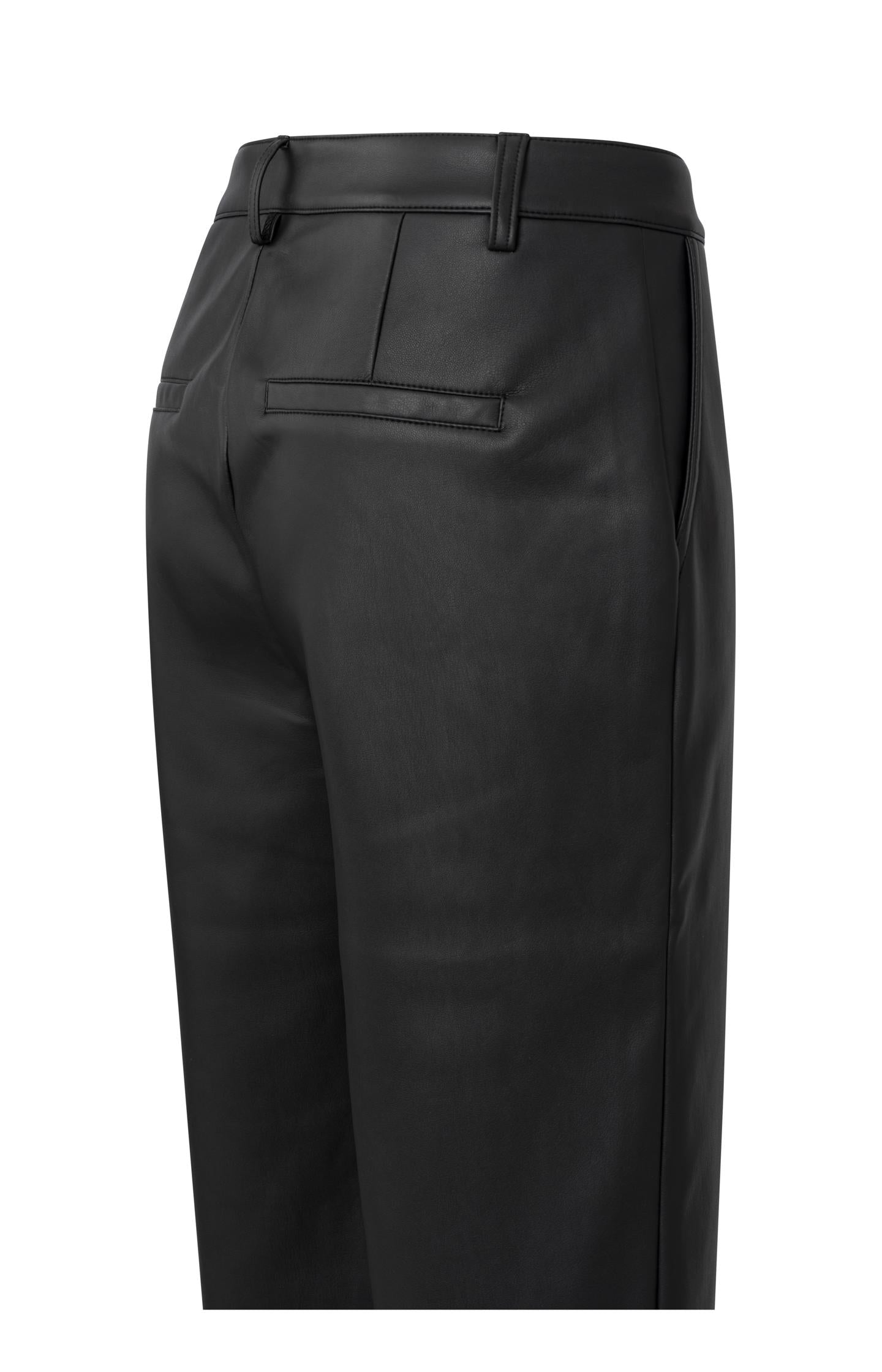 Black faux leather pants with high waist and straight legs