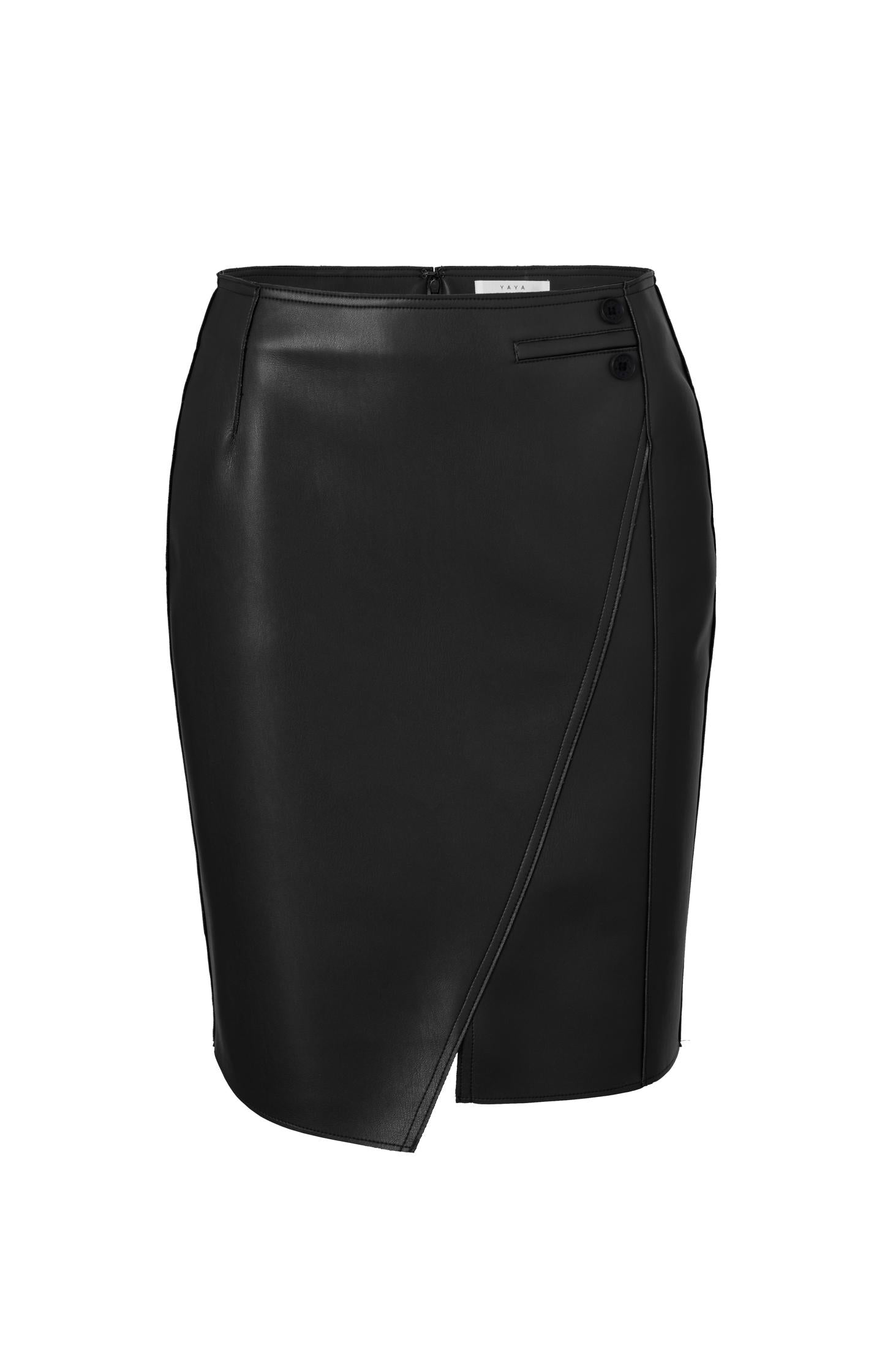 Black faux leather skirt with asymmetrical wrap - Type: product