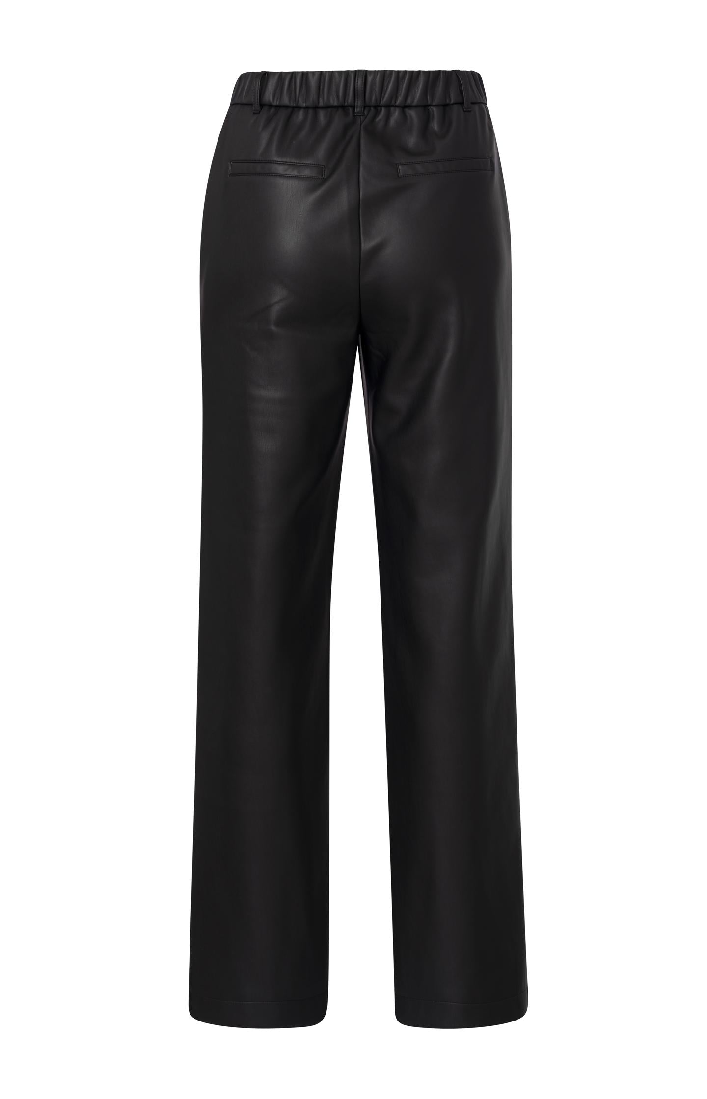 Black faux leather trousers with wide legs