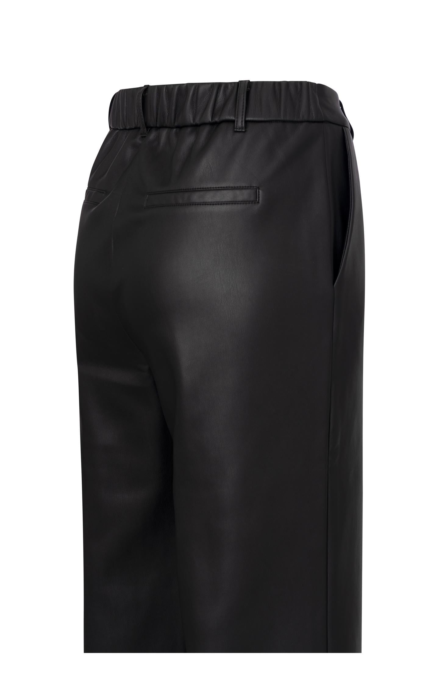 Black faux leather trousers with wide legs