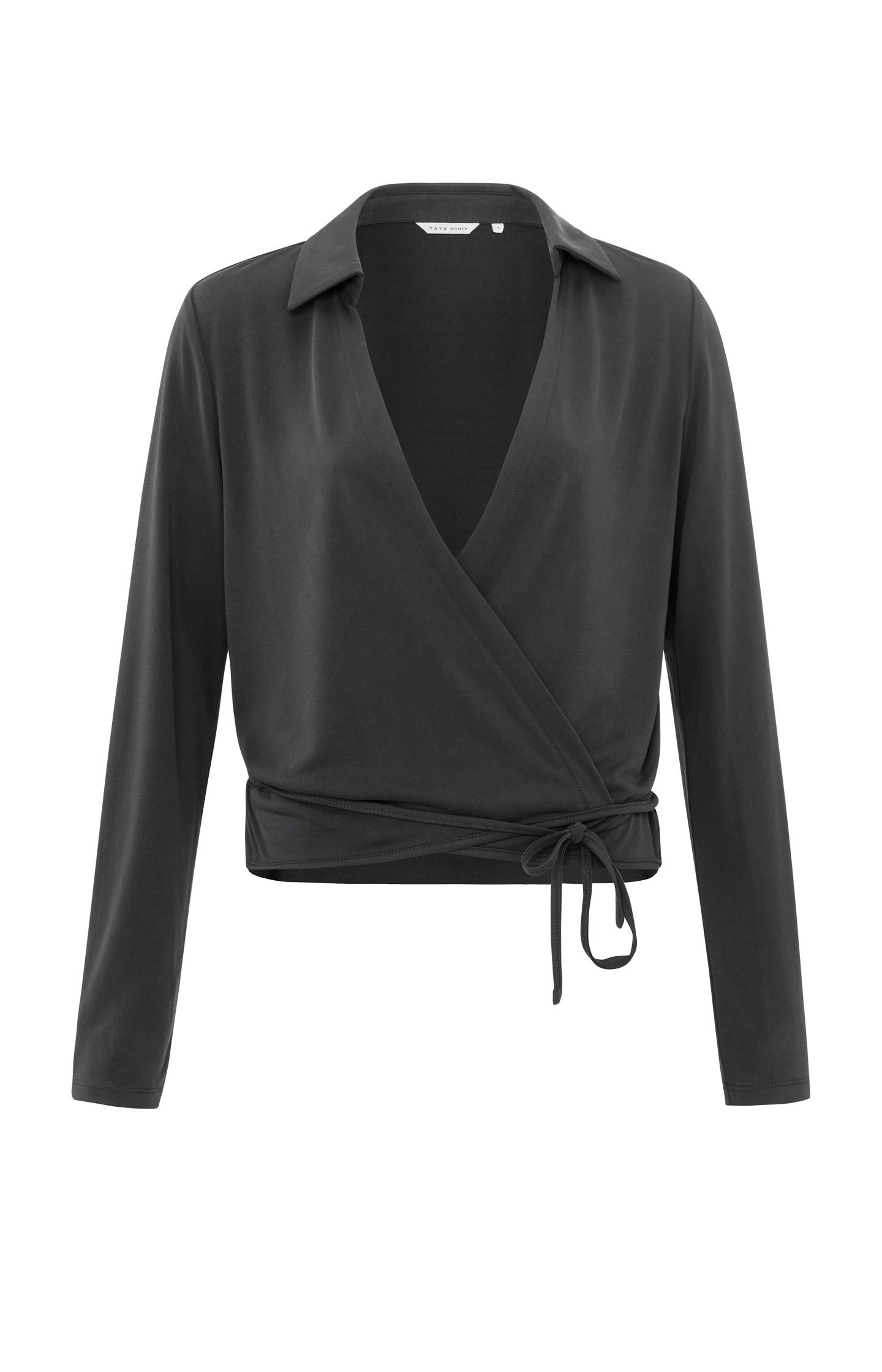 Black jersey wrap blouse with long sleeves and a V-neck - Type: product