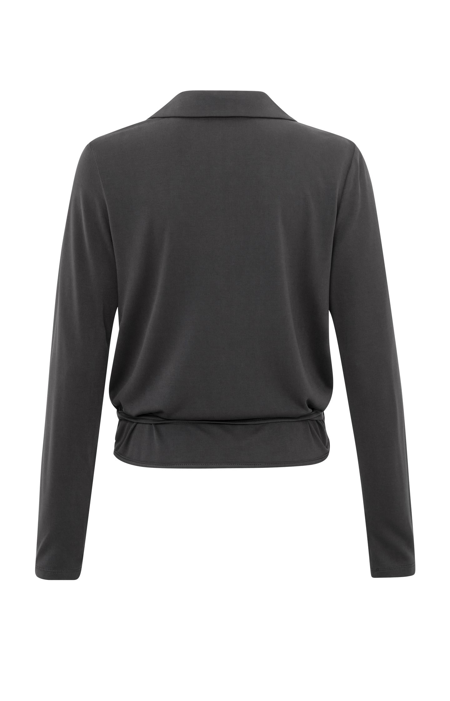 Black jersey wrap blouse with long sleeves and a V-neck