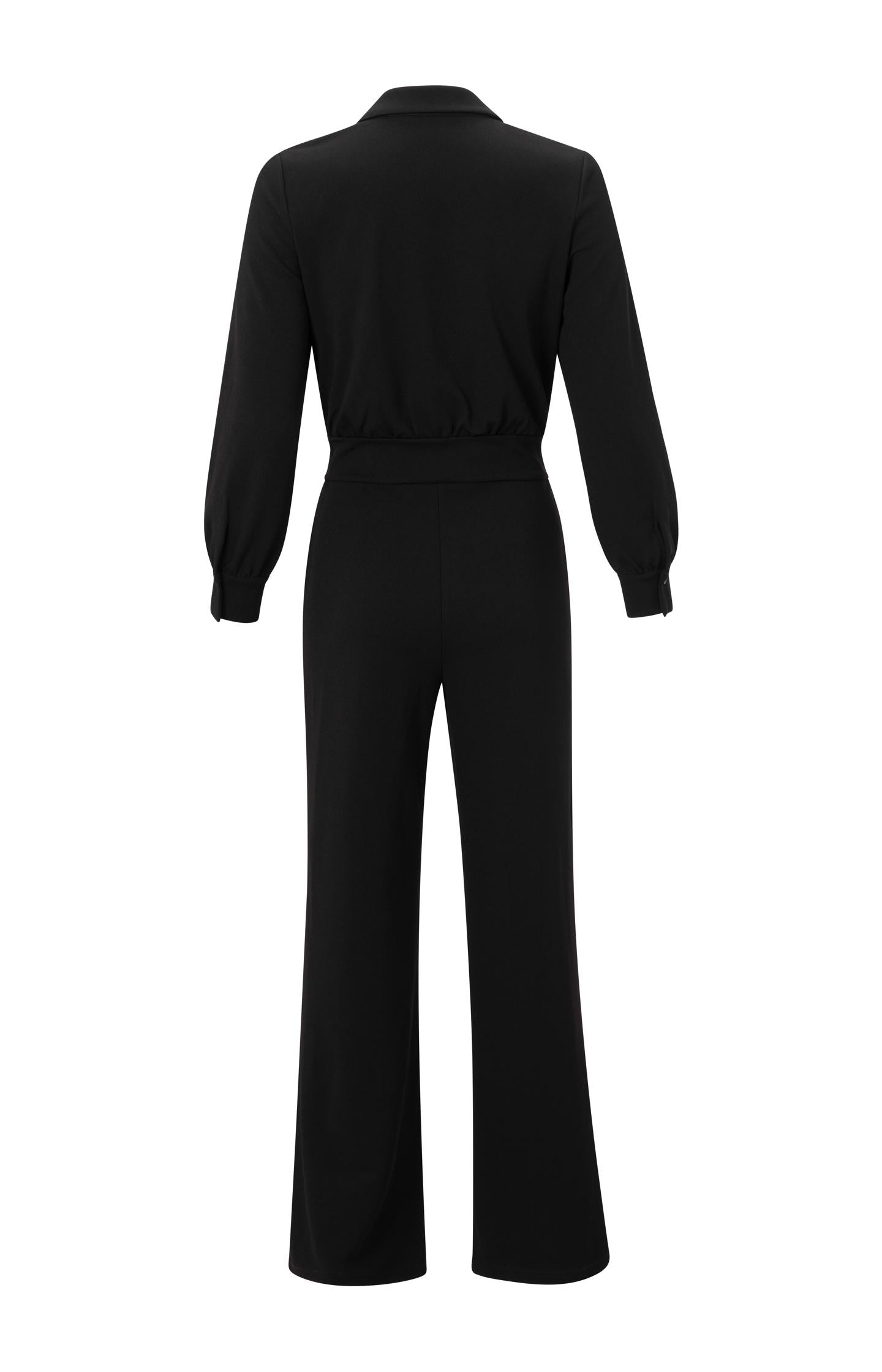 Black jumpsuit with long sleeves and wide legs