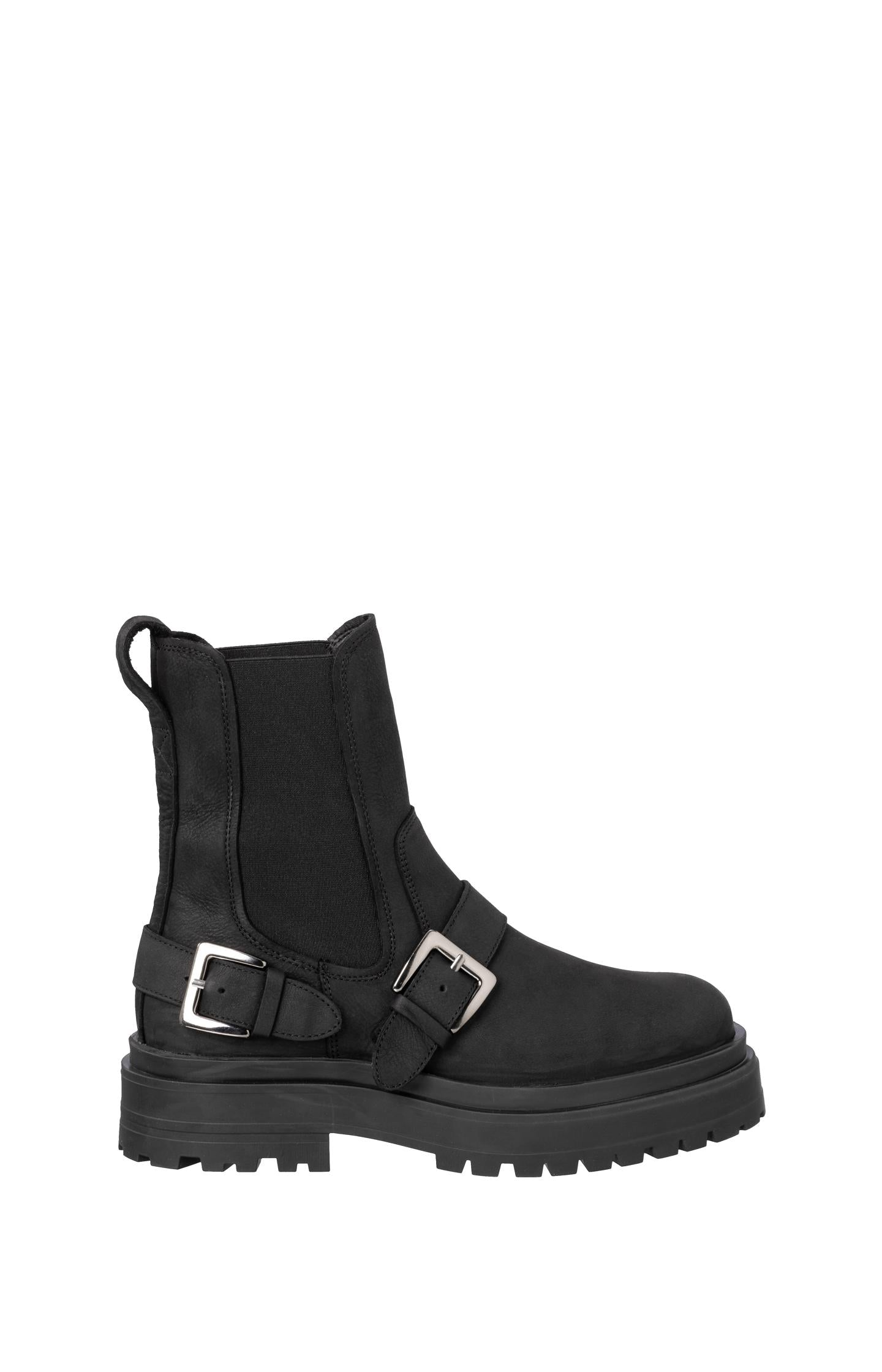 Black leather Chelsea boots with buckle details