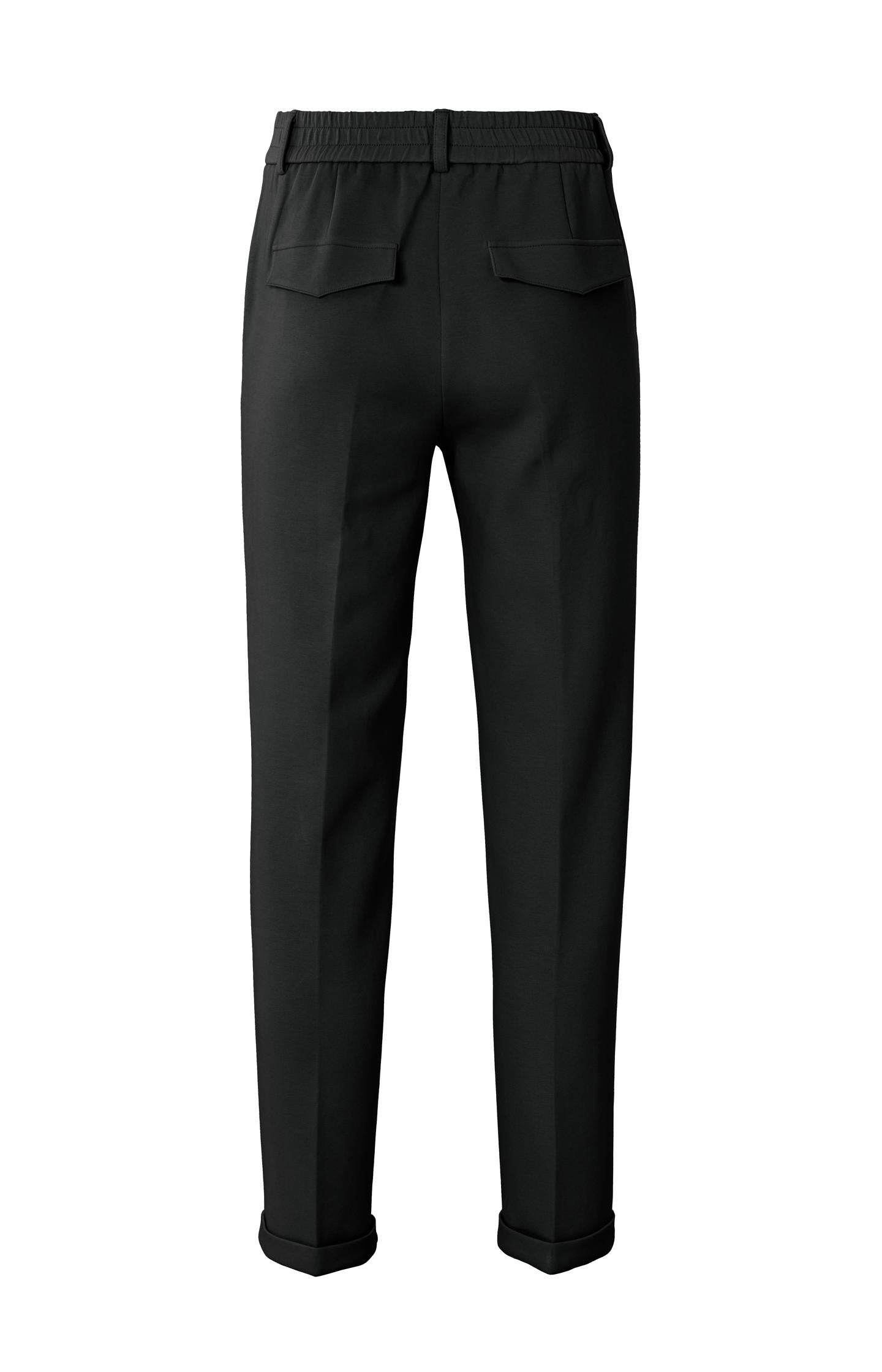 Black scuba trousers with straight legs and flap pockets