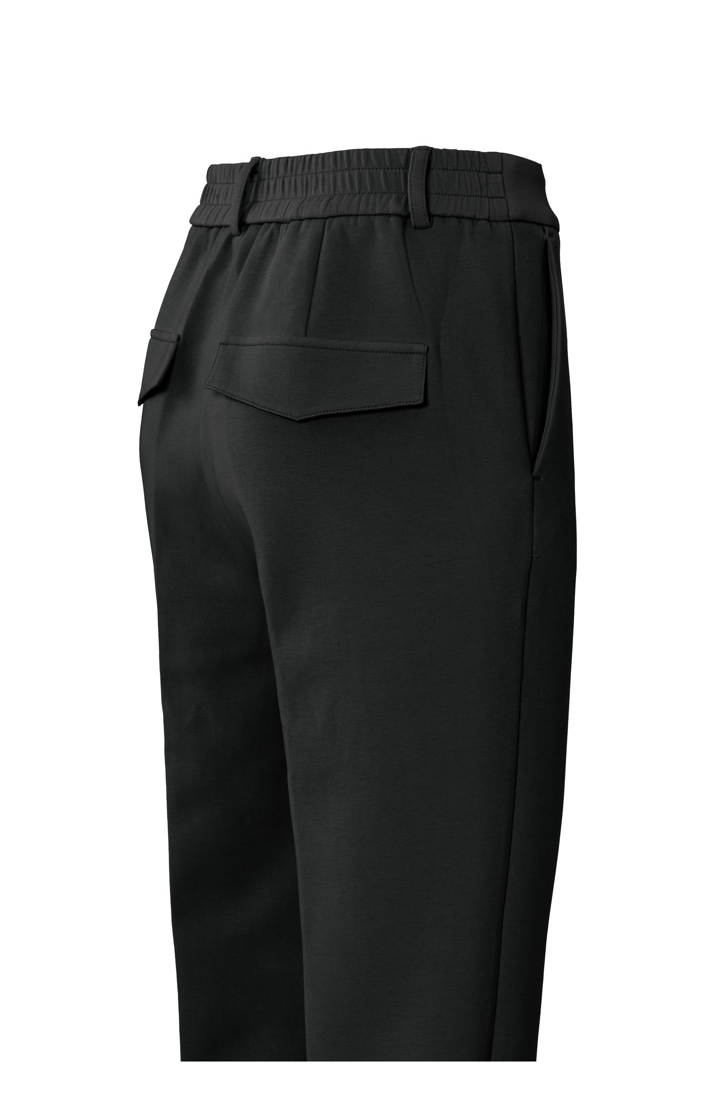 Black scuba trousers with straight legs and flap pockets