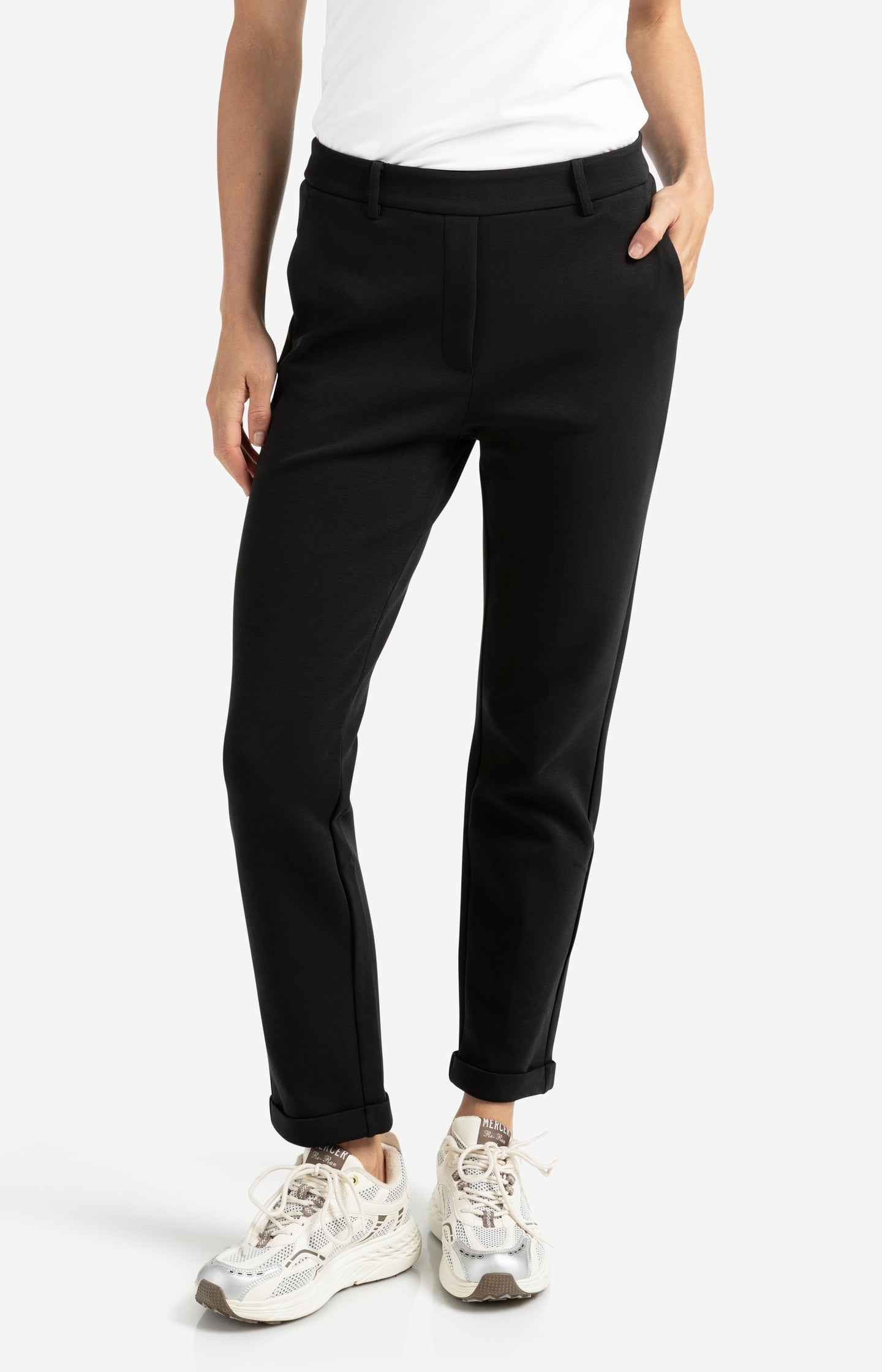 Black scuba trousers with straight legs and flap pockets