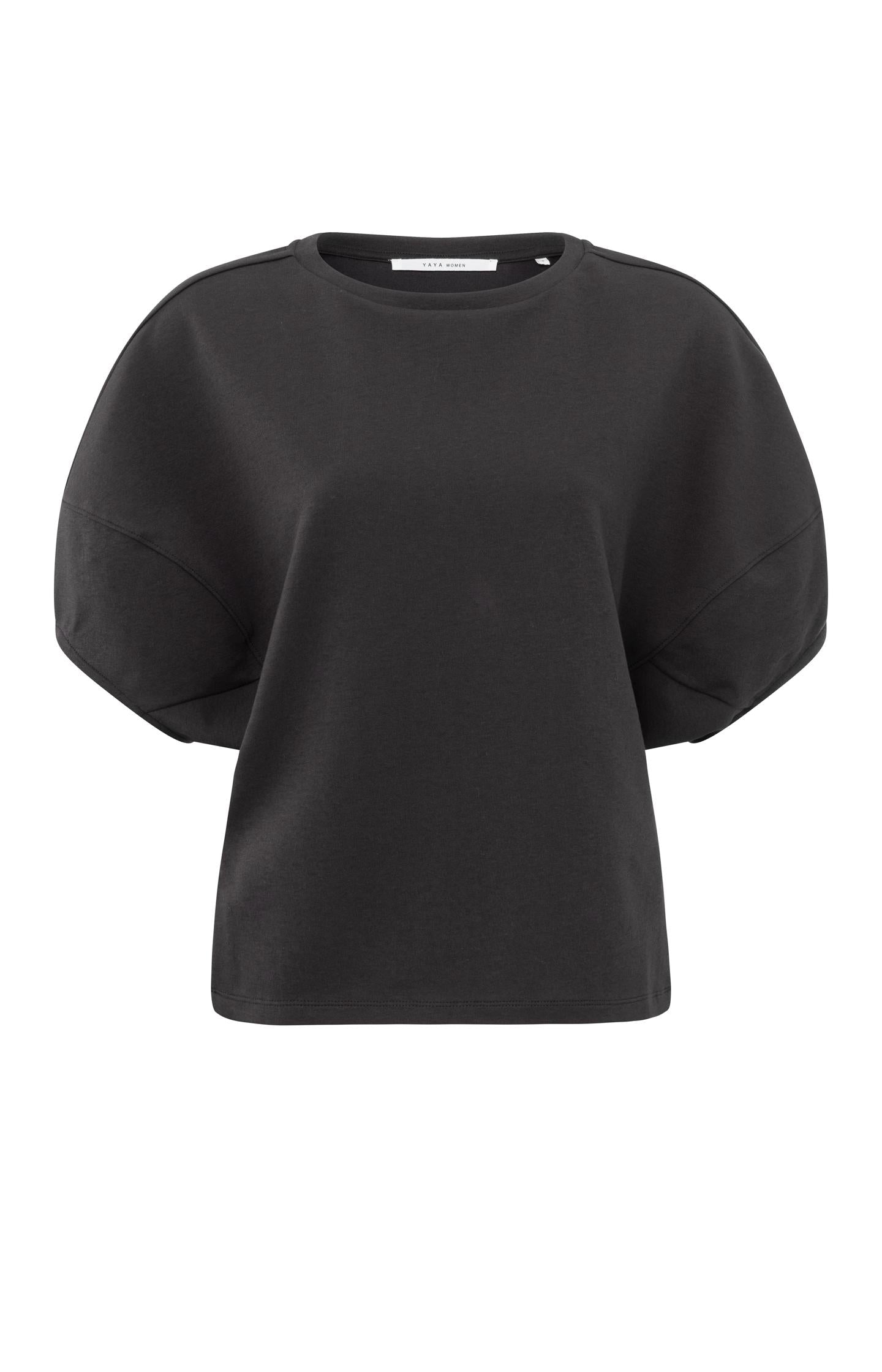 Black top with half puff sleeves and a round neck - Type: product