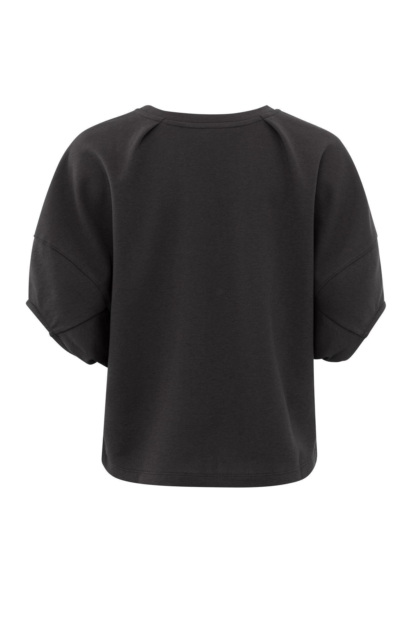 Black top with half puff sleeves and a round neck