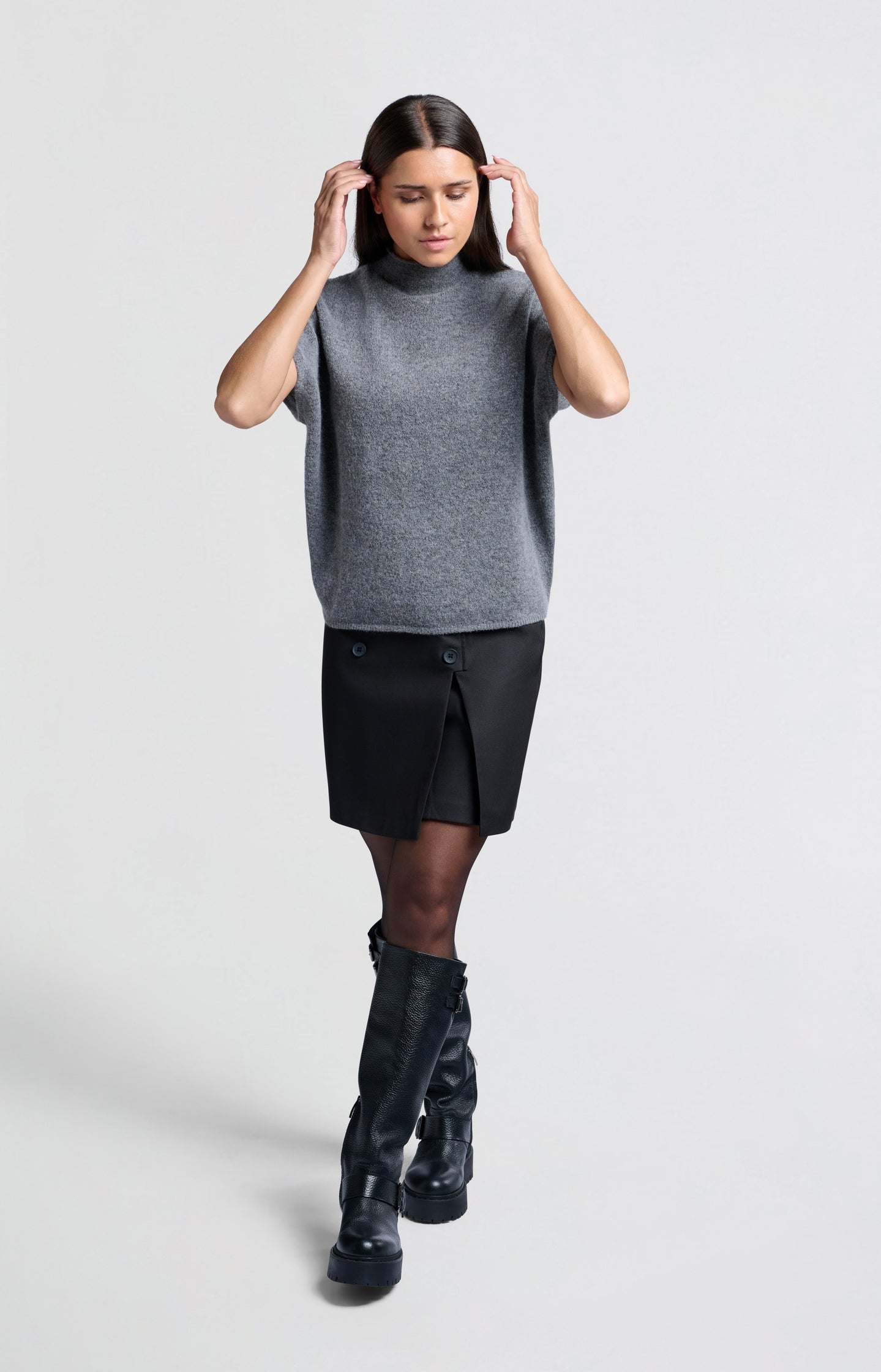 Black woven mini skirt with button details - Main Image