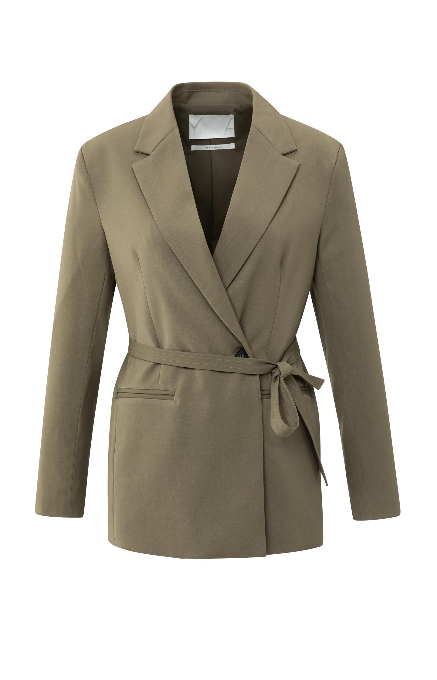 Blazer with belt and double-breasted closure