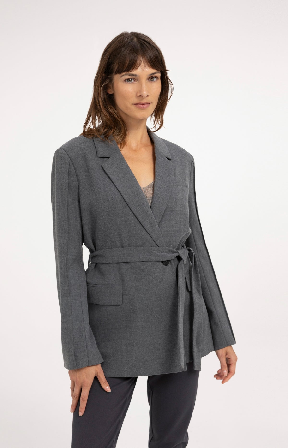 Blazer with belt detail - Medium Grey Melange