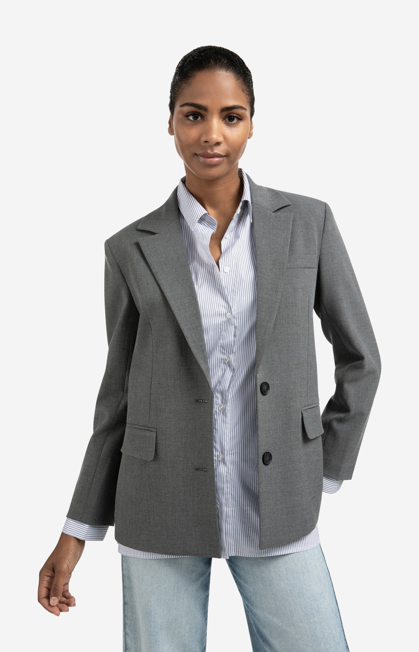 Blazer with sleeveless striped blouse