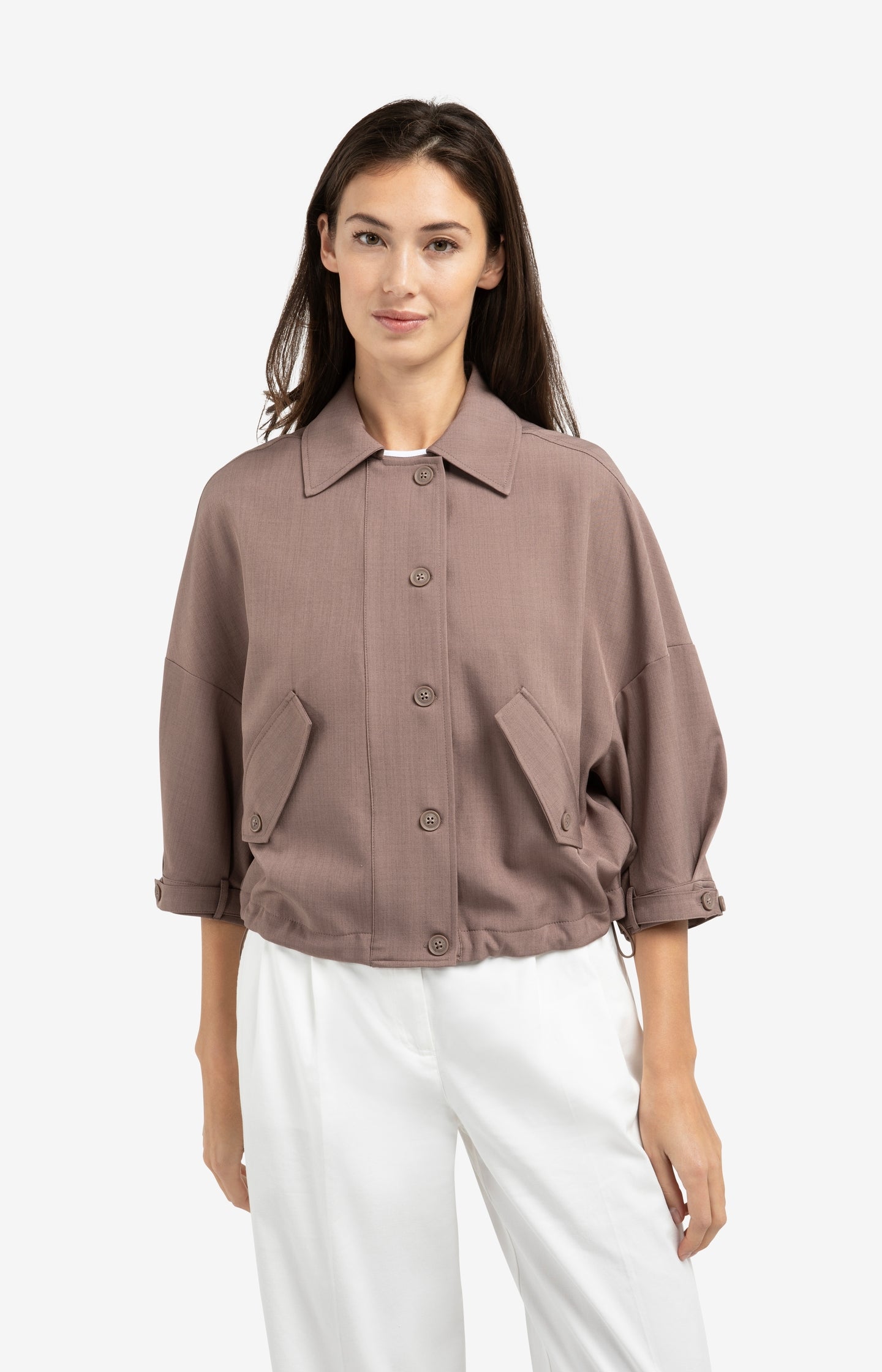 Blouse jacket with adjustable waistband and pockets