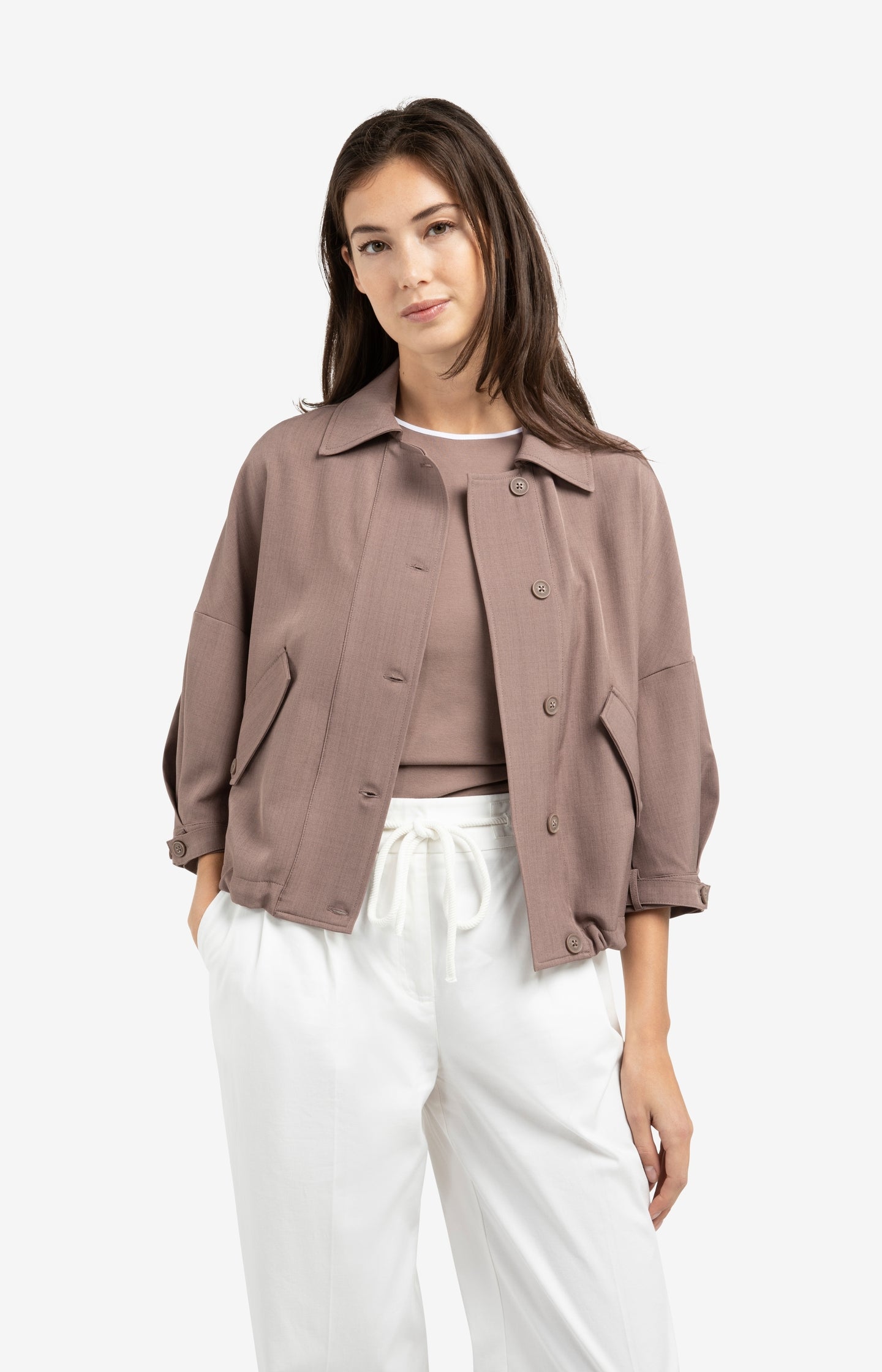 Blouse jacket with adjustable waistband and pockets