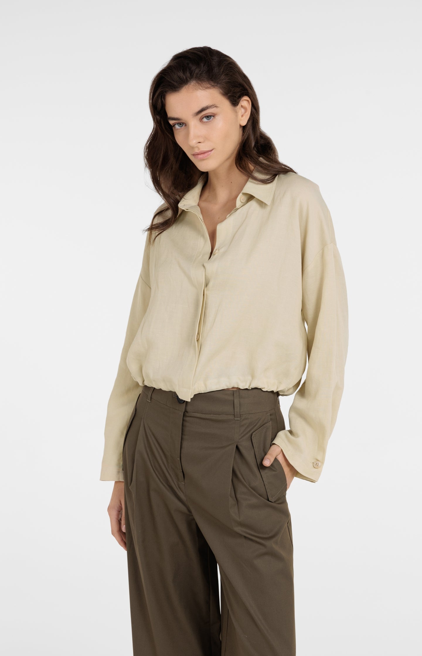 Blouse jacket with drawstring and hidden buttons