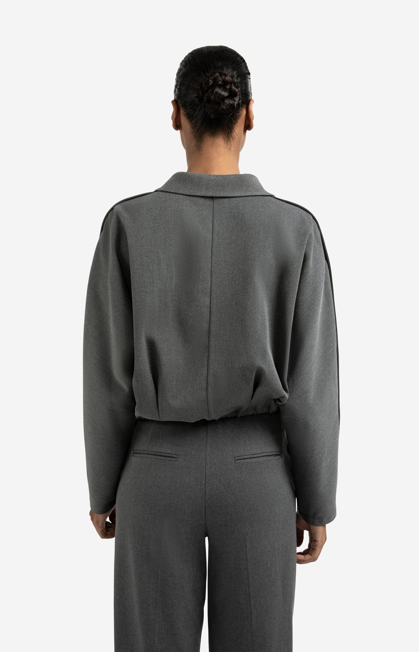 Blouse jacket with waist pleats and tie closure