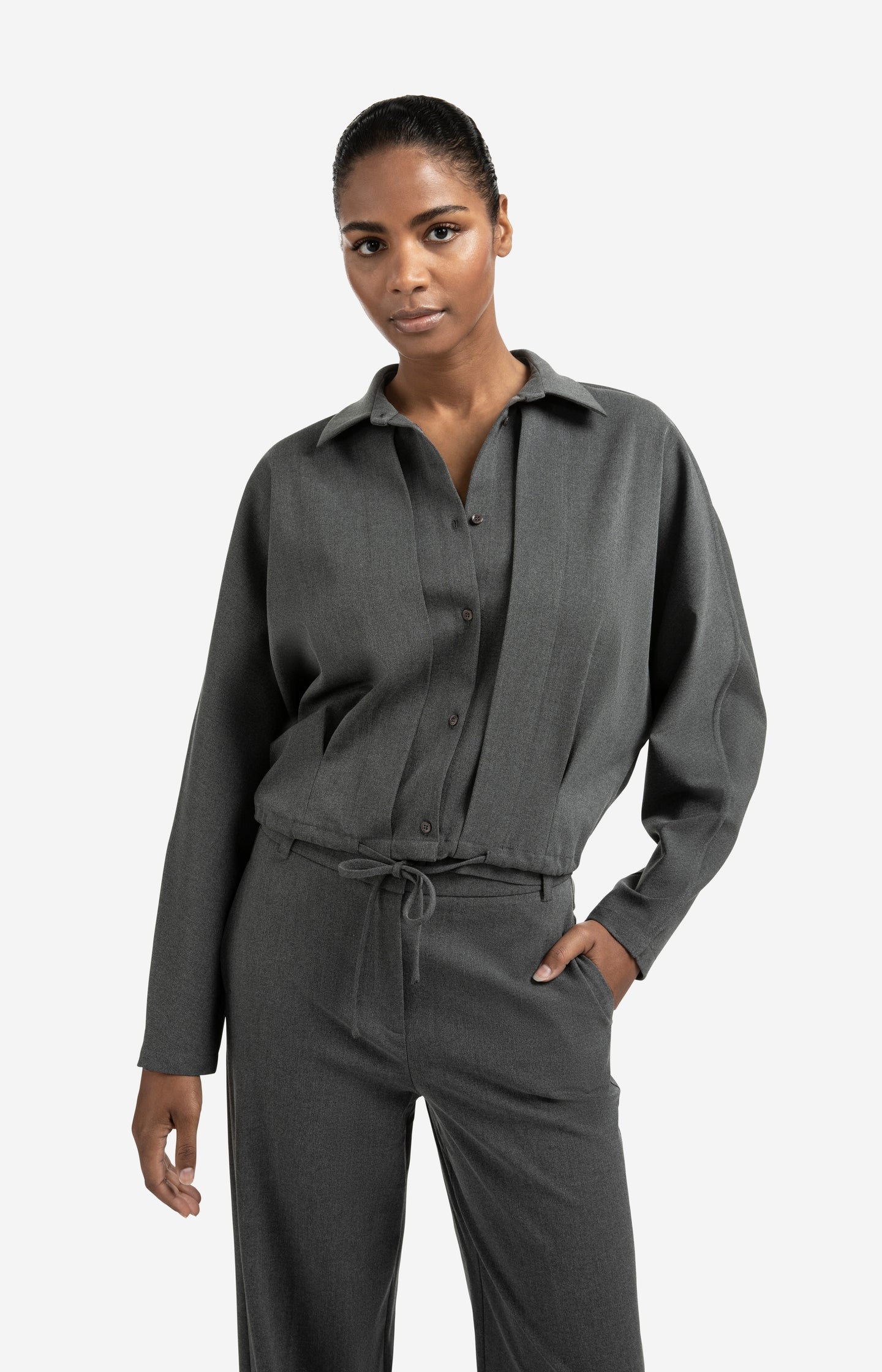 Blouse jacket with waist pleats and tie closure