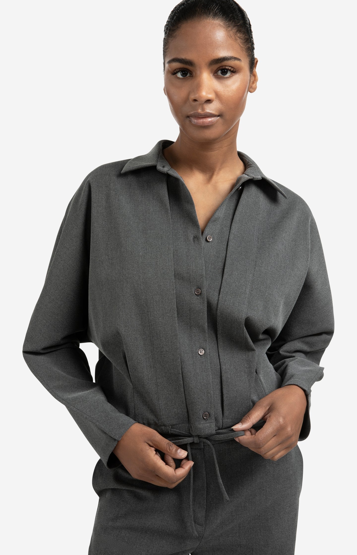 Blouse jacket with waist pleats and tie closure