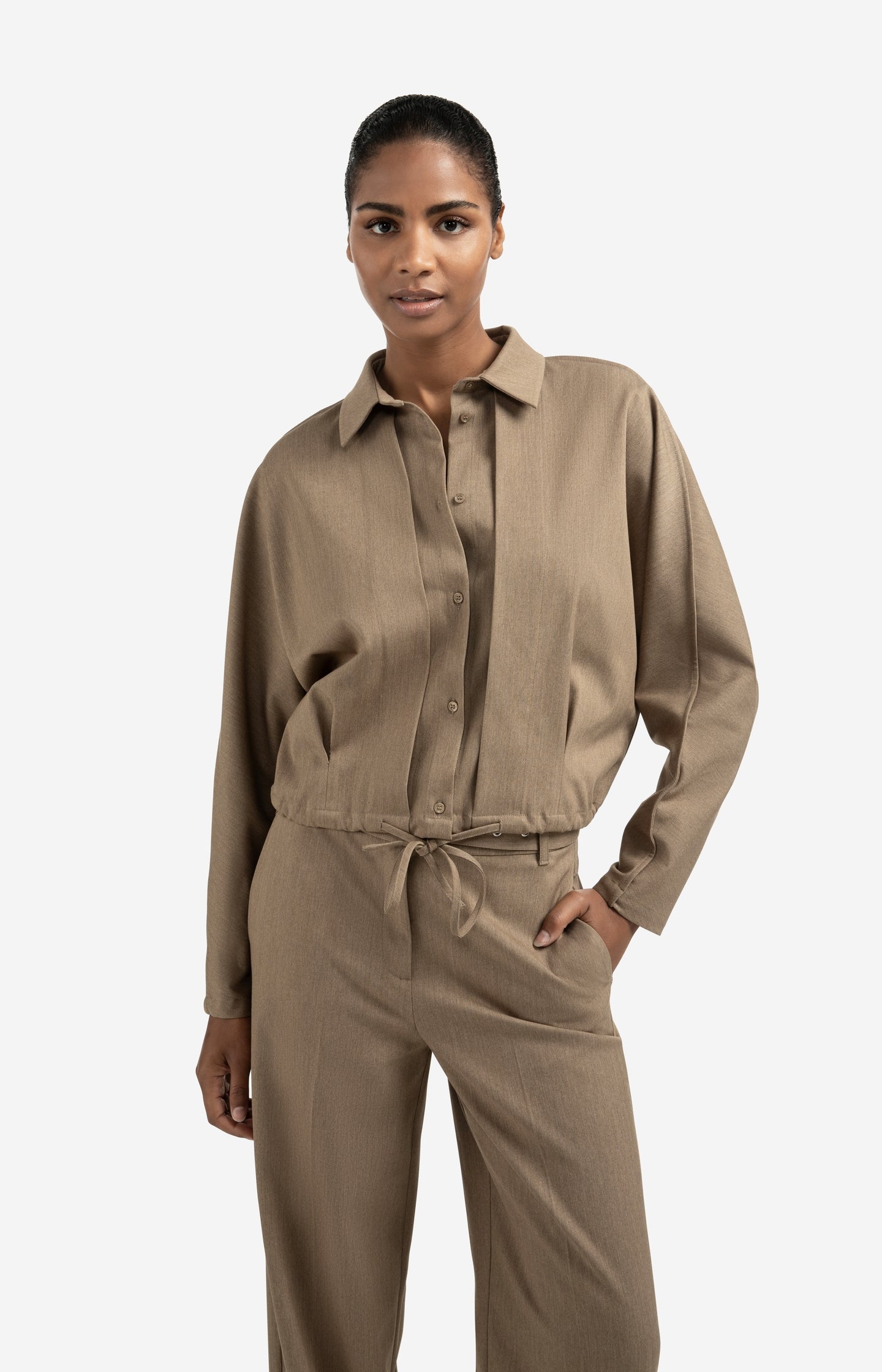 Blouse jacket with waist pleats and tie closure