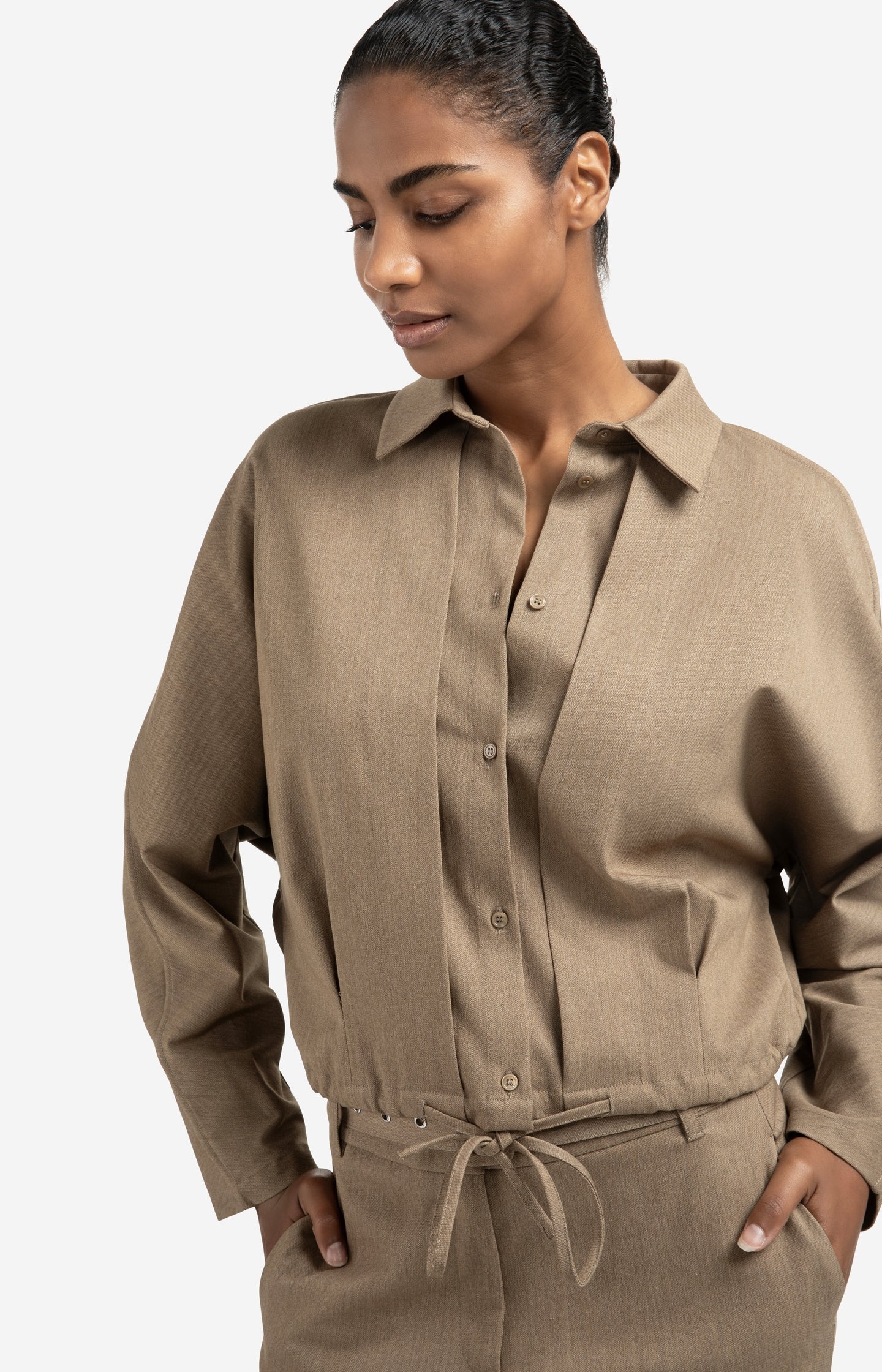 Blouse jacket with waist pleats and tie closure