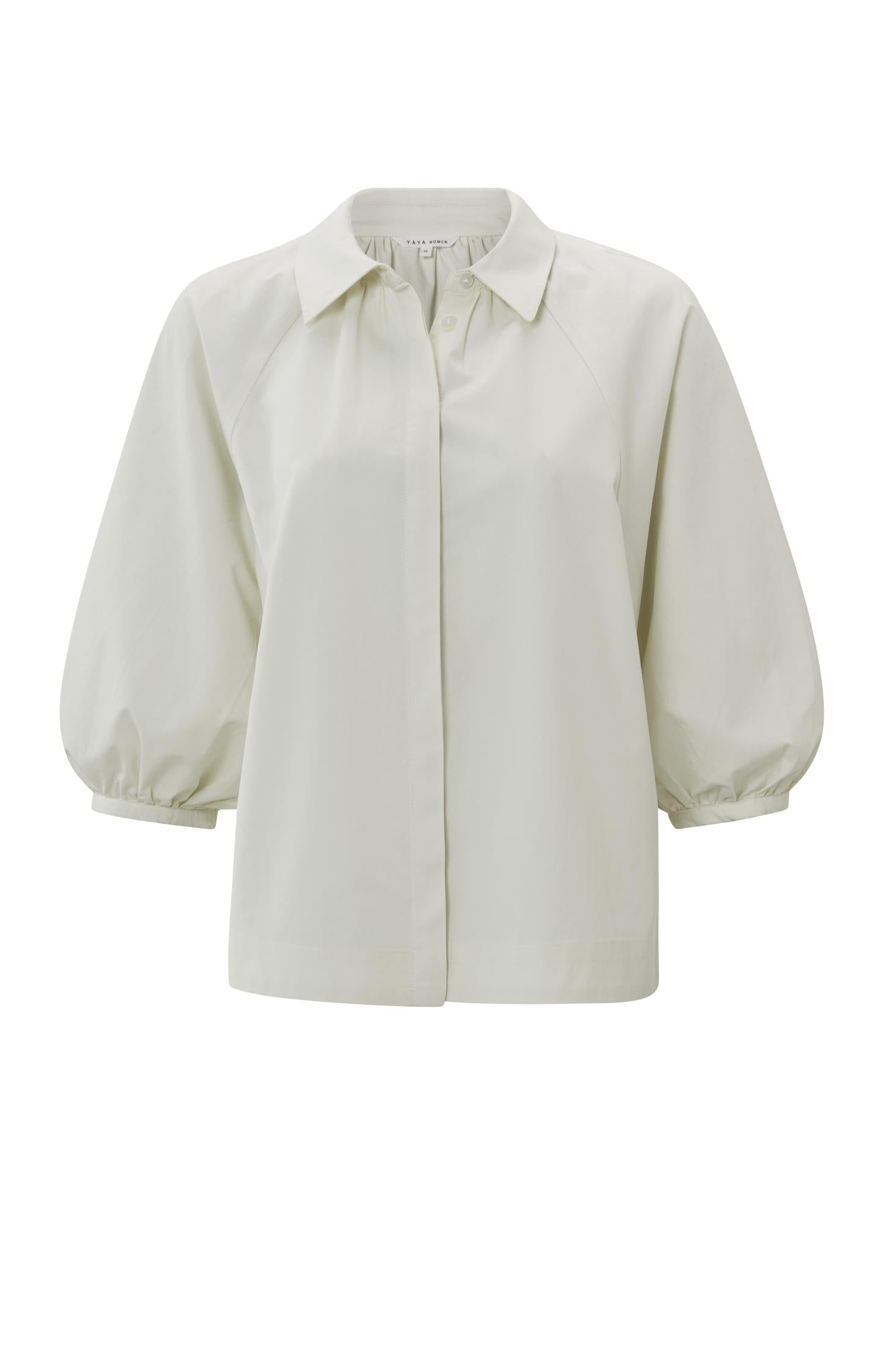 Blouse with collar, half long puff sleeves and hidden button - Type: product