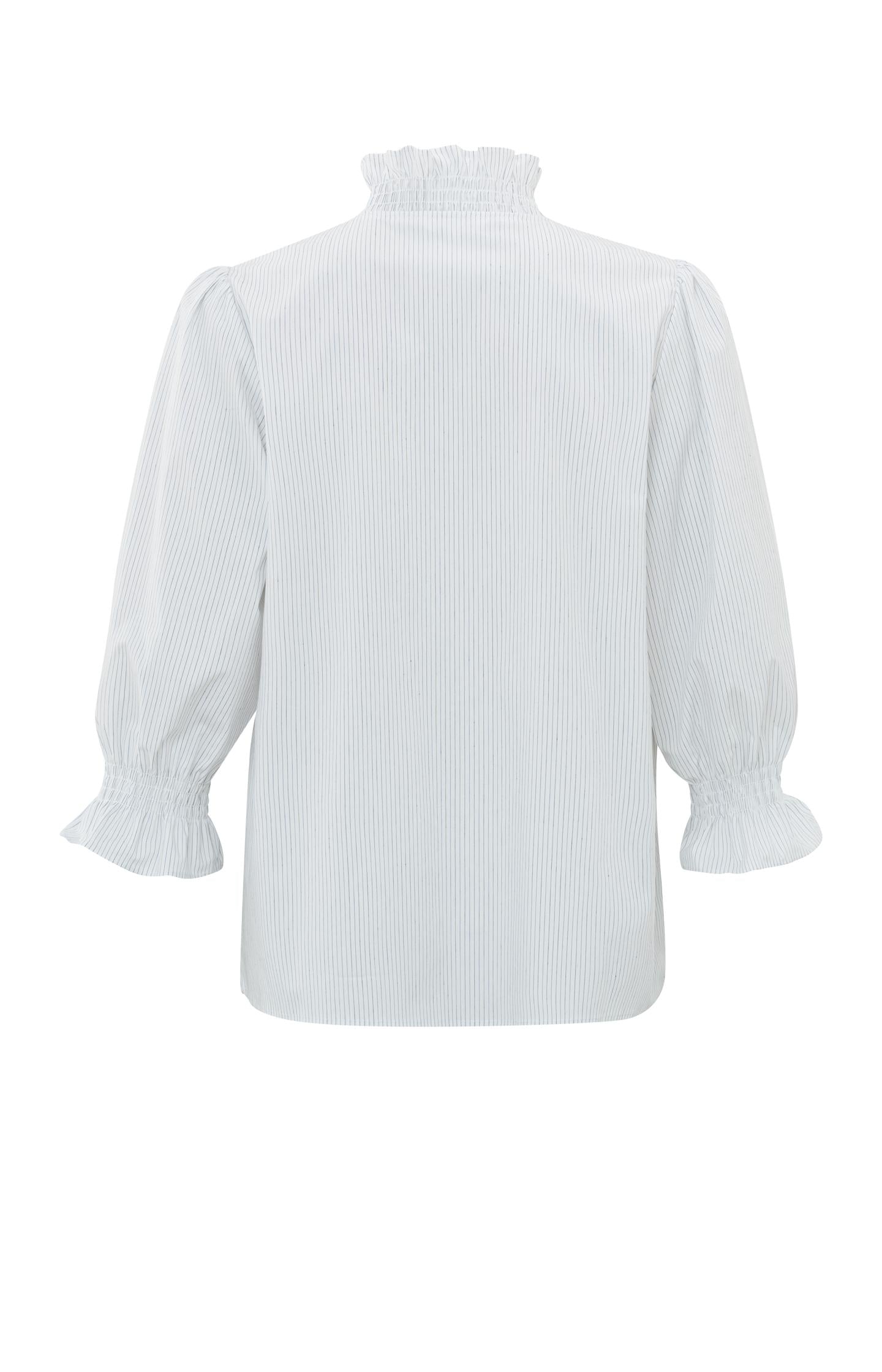 Blouse with V-neck, 7/8 puff sleeves, buttons and ruffles