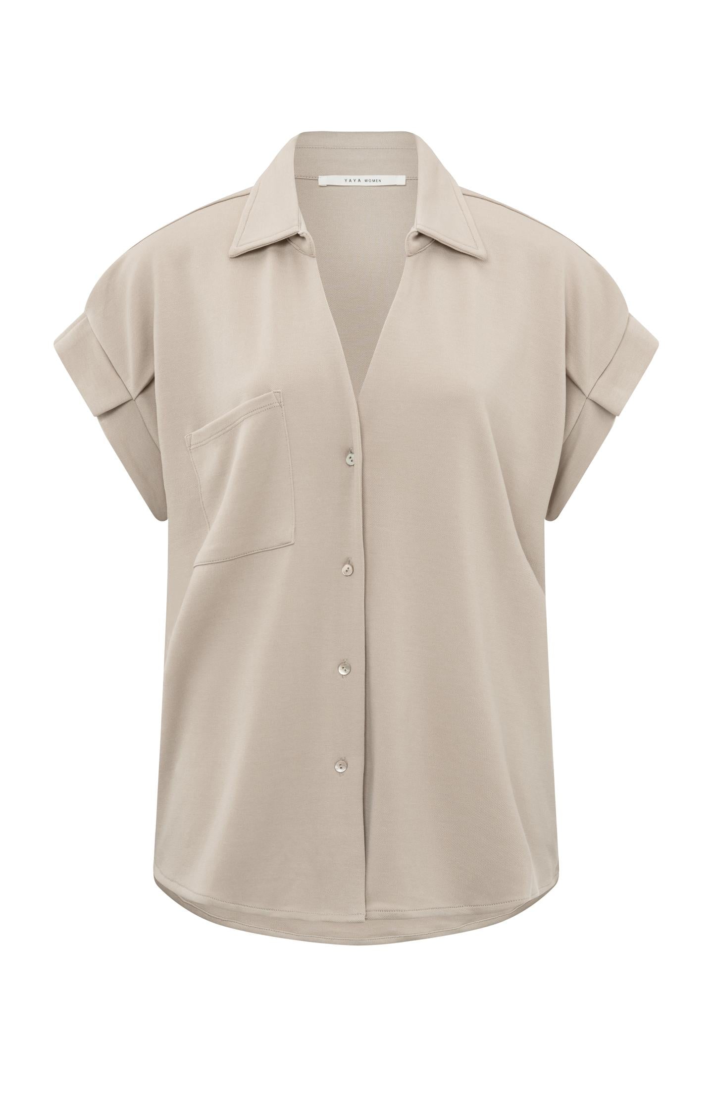 Blouse with V-neck, short sleeve, buttons and folded accent - Type: product