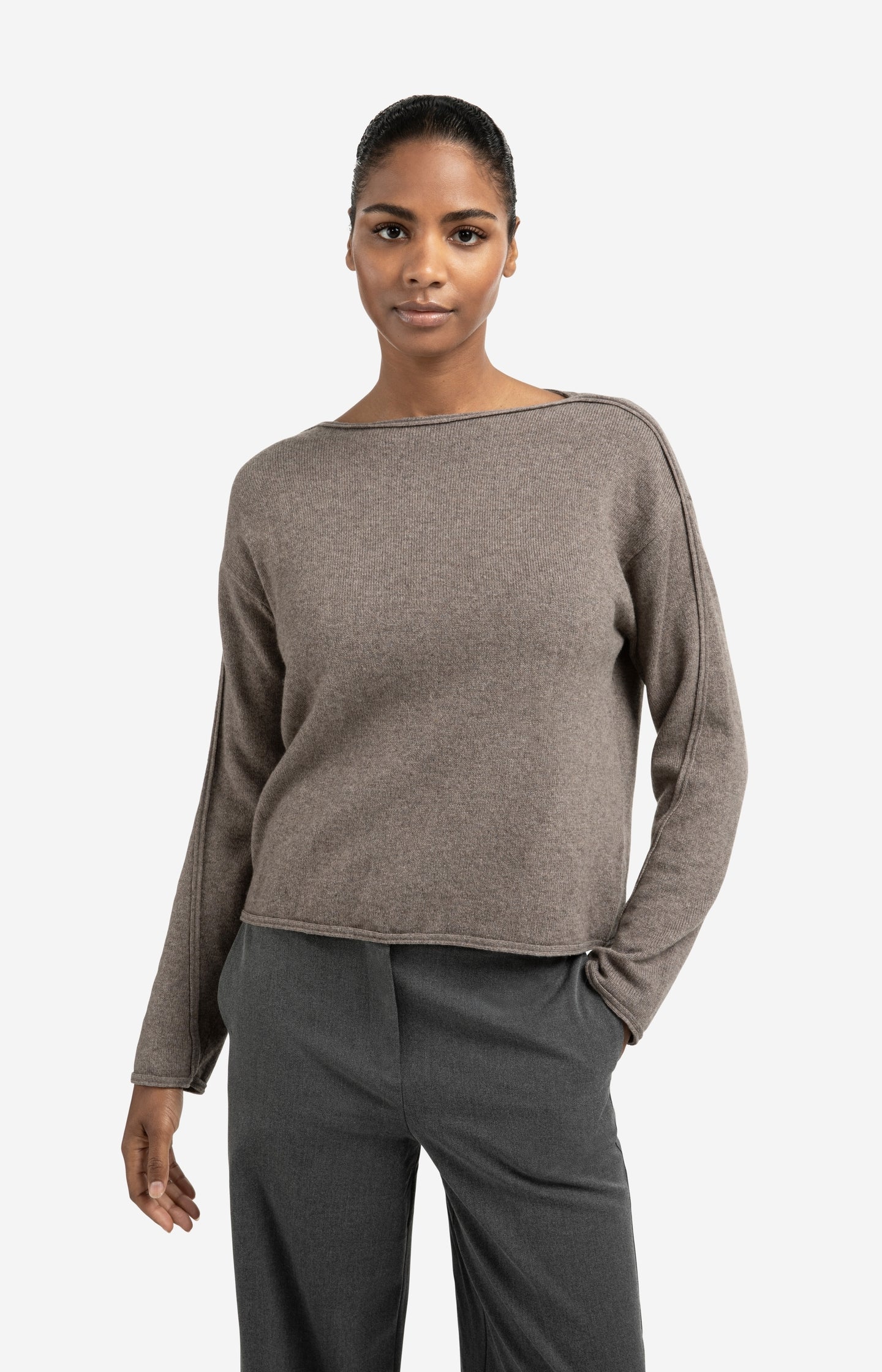Boat neck sweater with refined decorative seams
