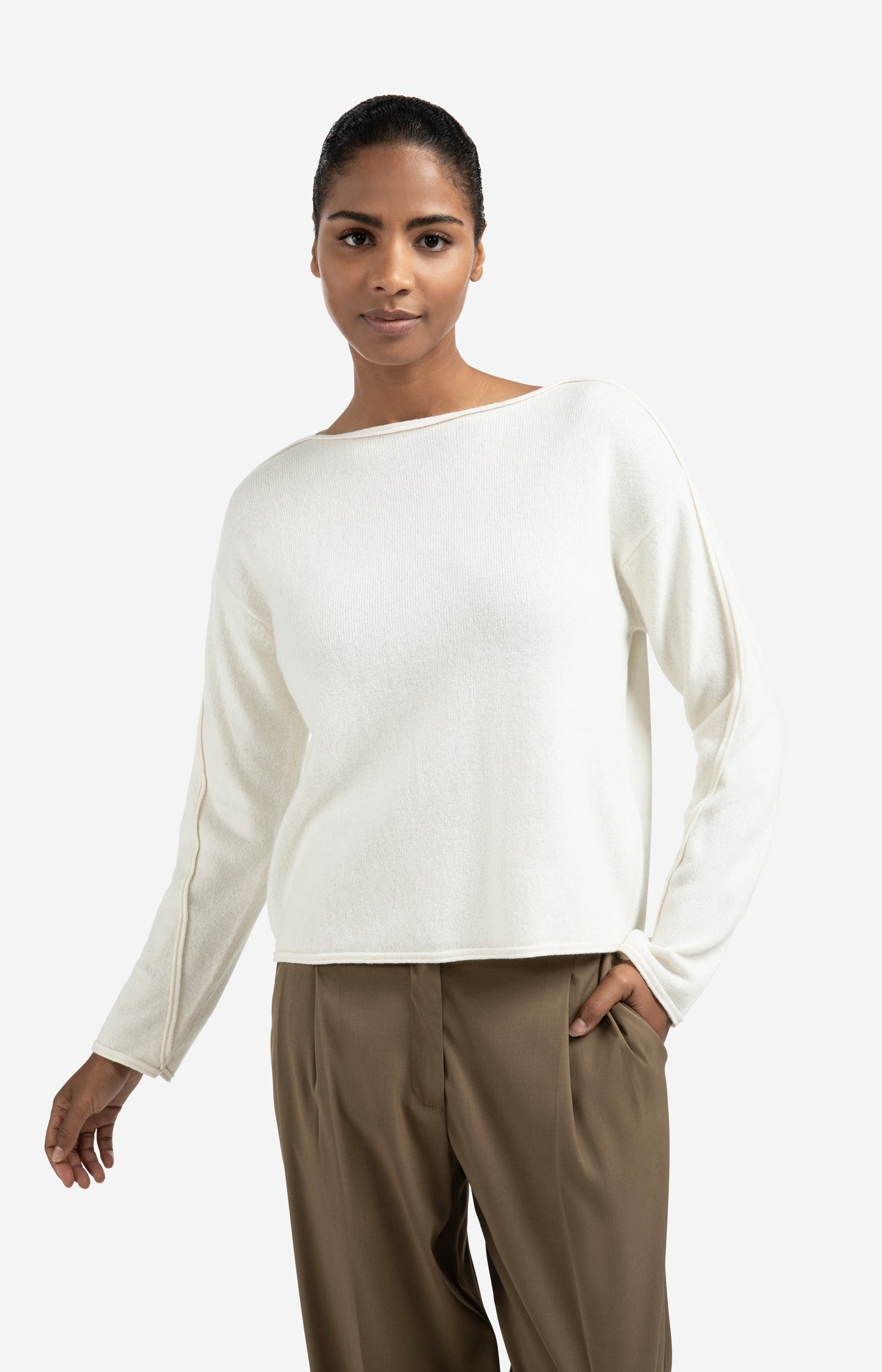 Boat neck sweater with refined decorative seams