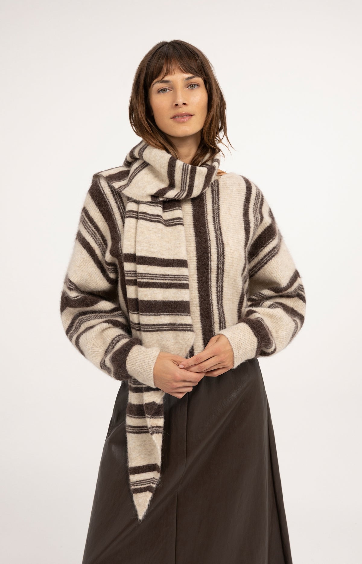 Boat neck sweater with striped pattern - Light Beige Dessin