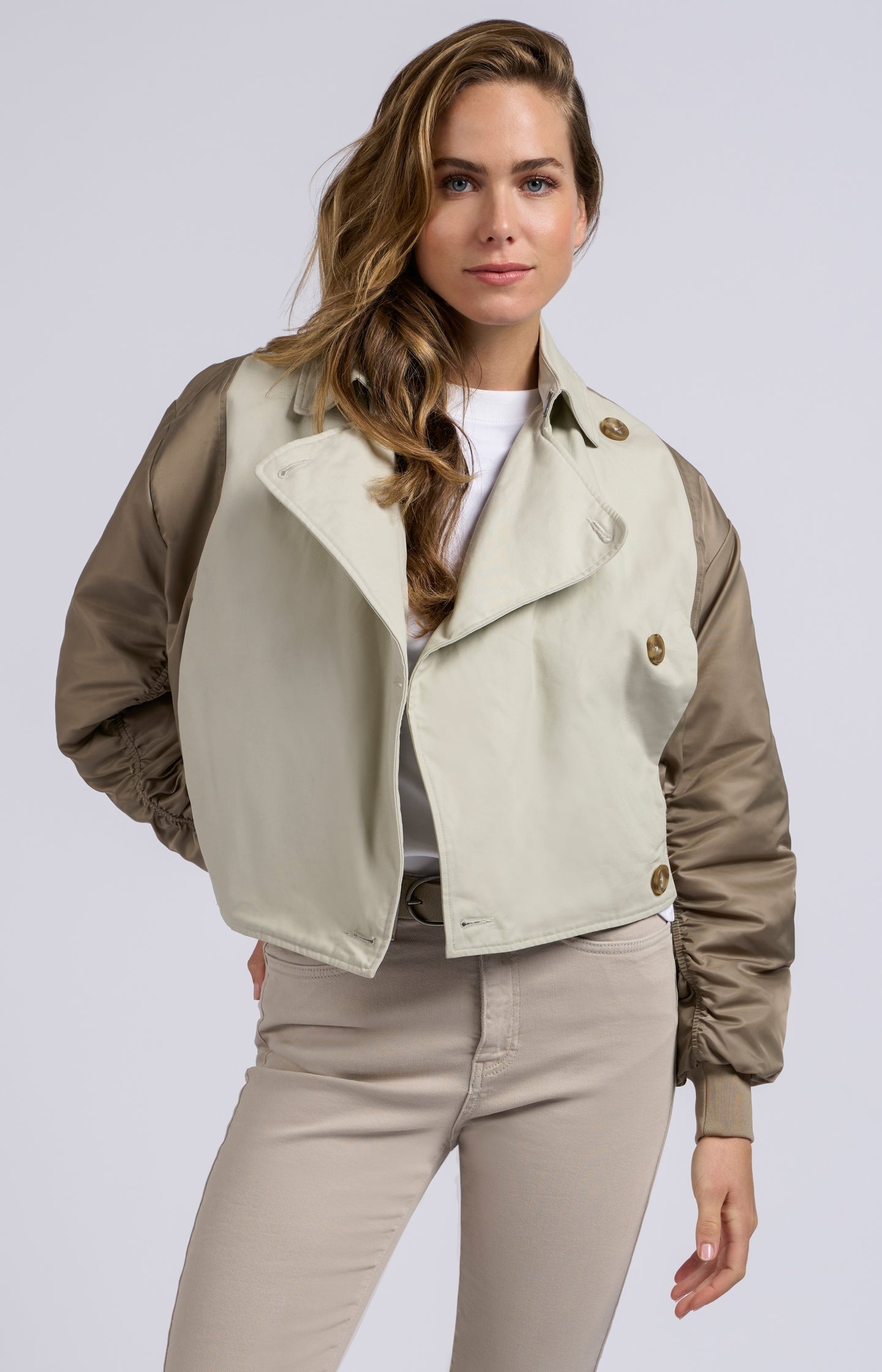 Bomber jacket with trenchcoat details and pleated sleeves