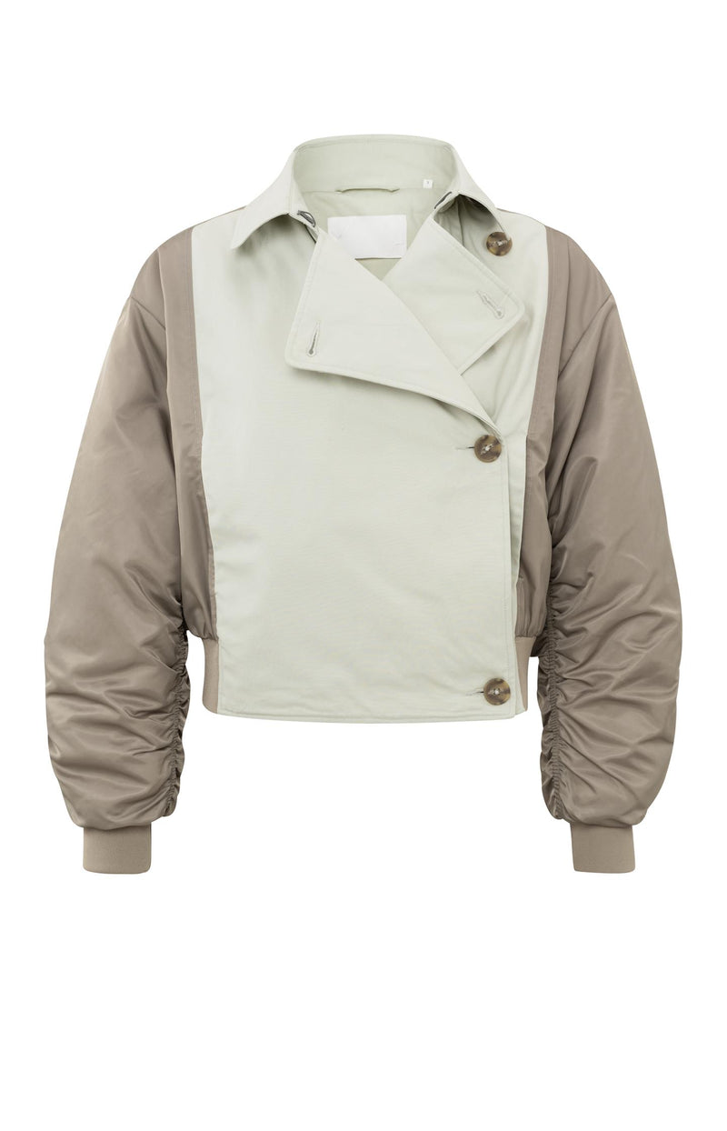 Bomber jacket with trenchcoat details and pleated sleeves