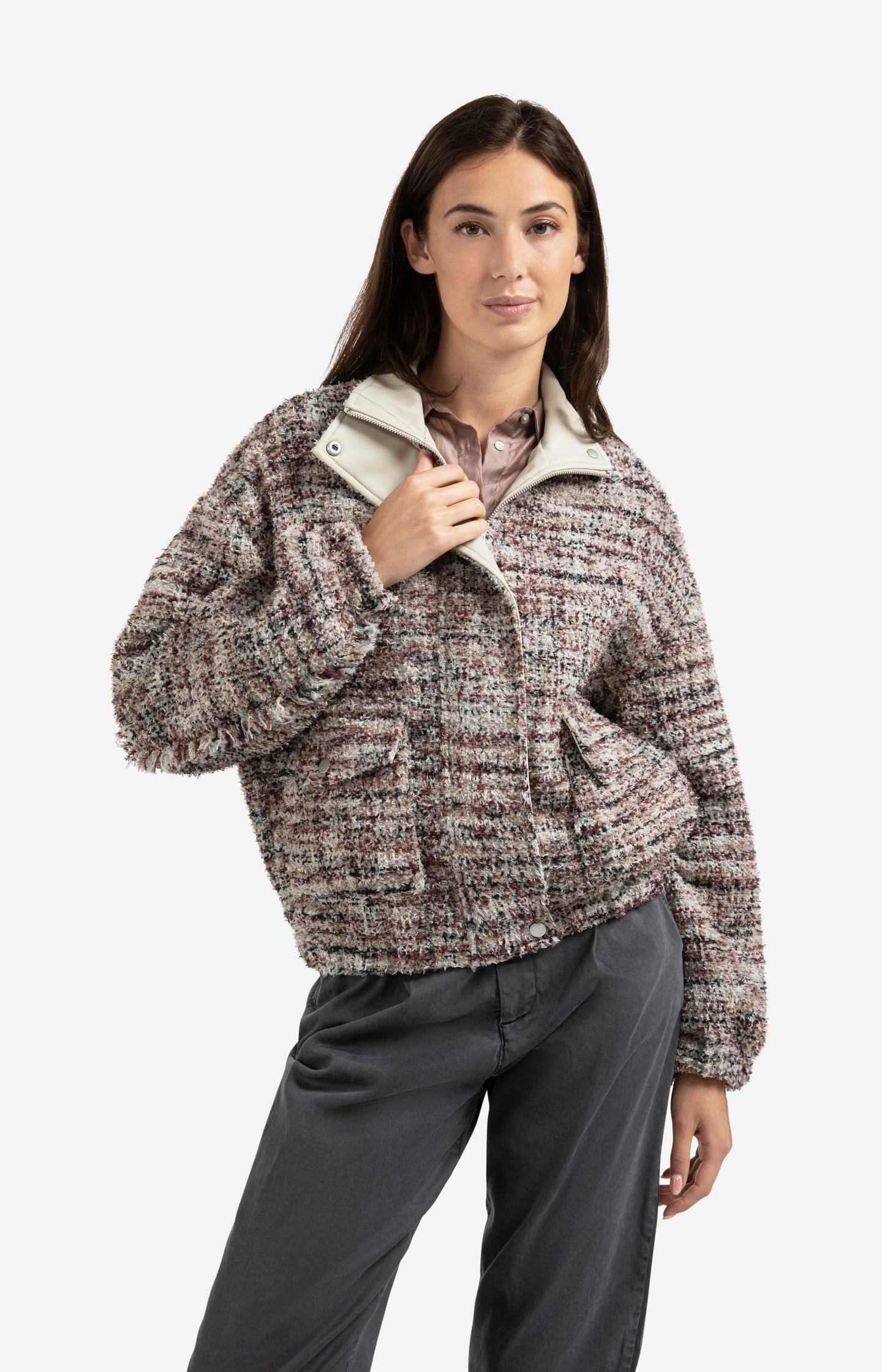 Bouclé jacket with fringes and stand-up collar