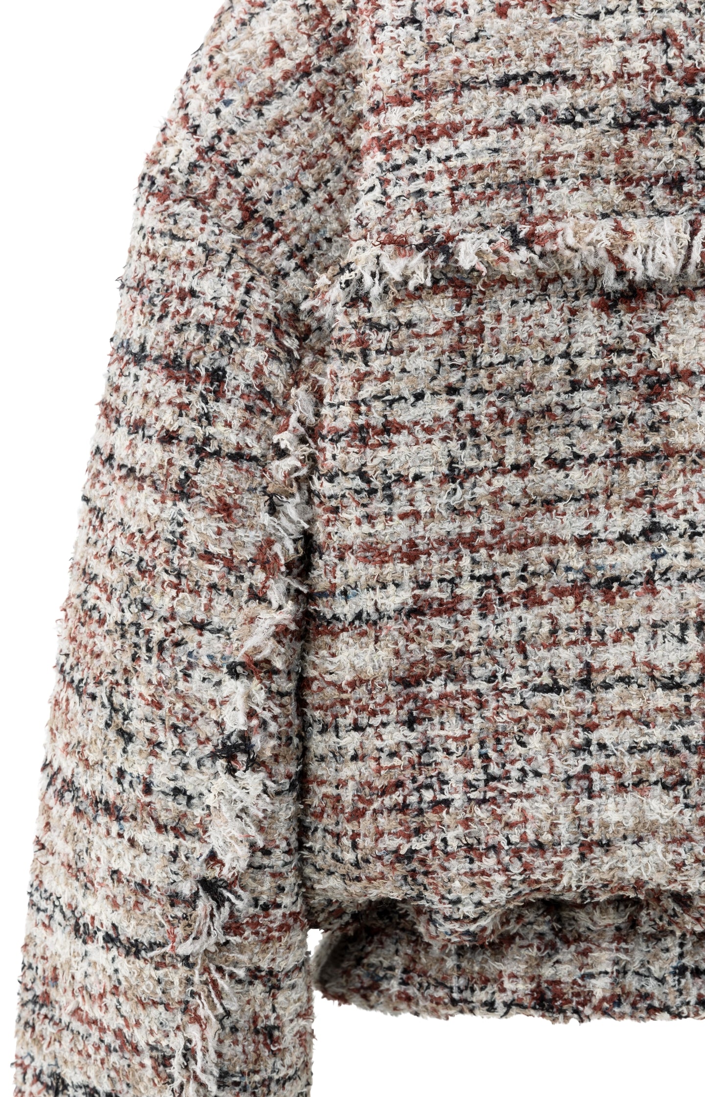 Bouclé jacket with fringes and stand-up collar