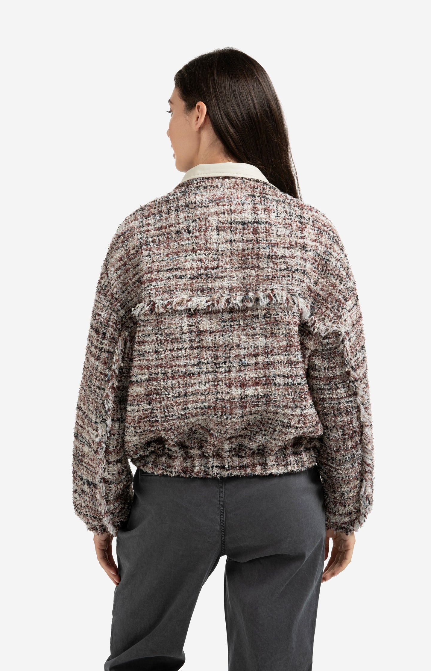 Bouclé jacket with fringes and stand-up collar