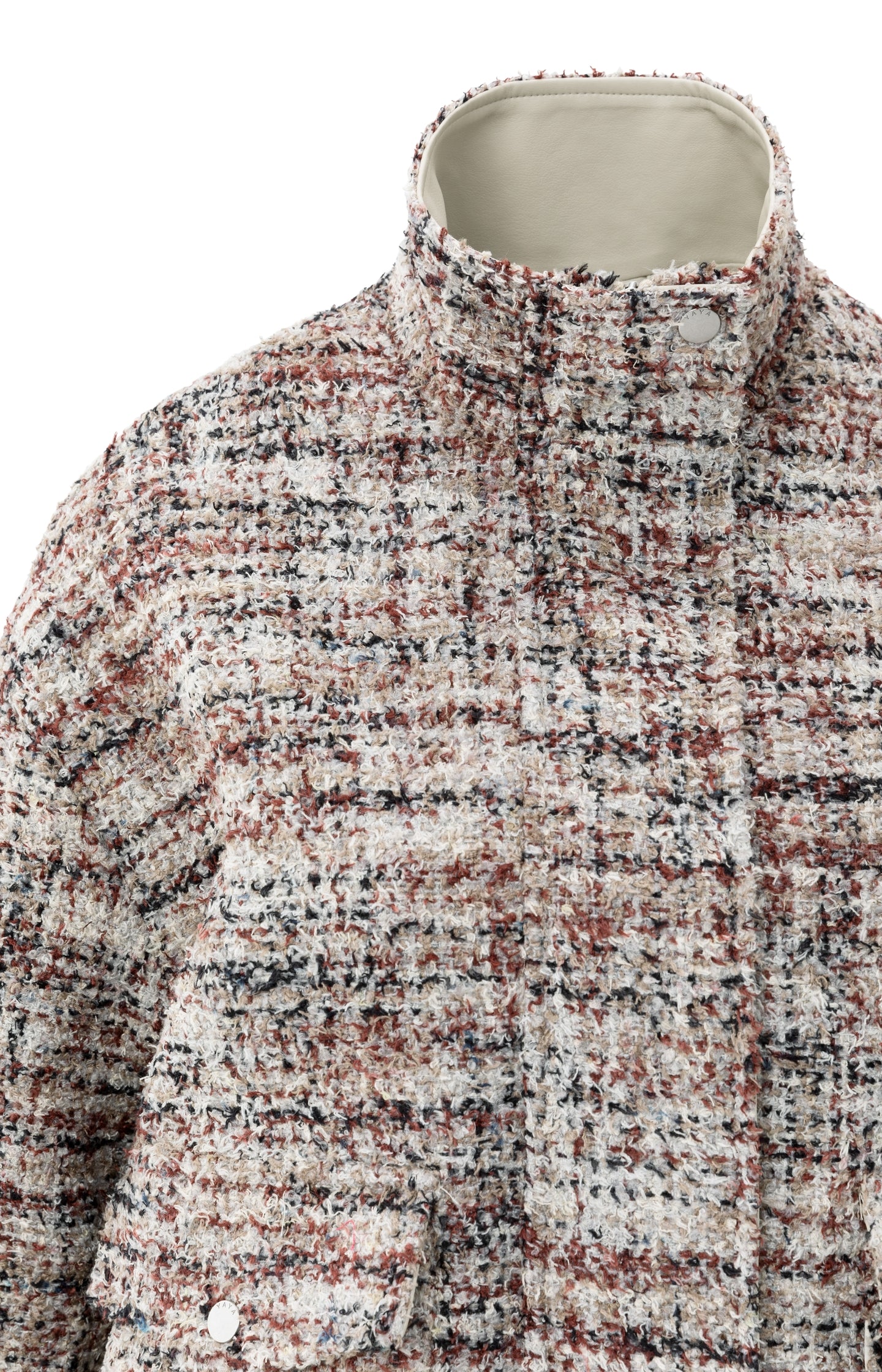Bouclé jacket with fringes and stand-up collar