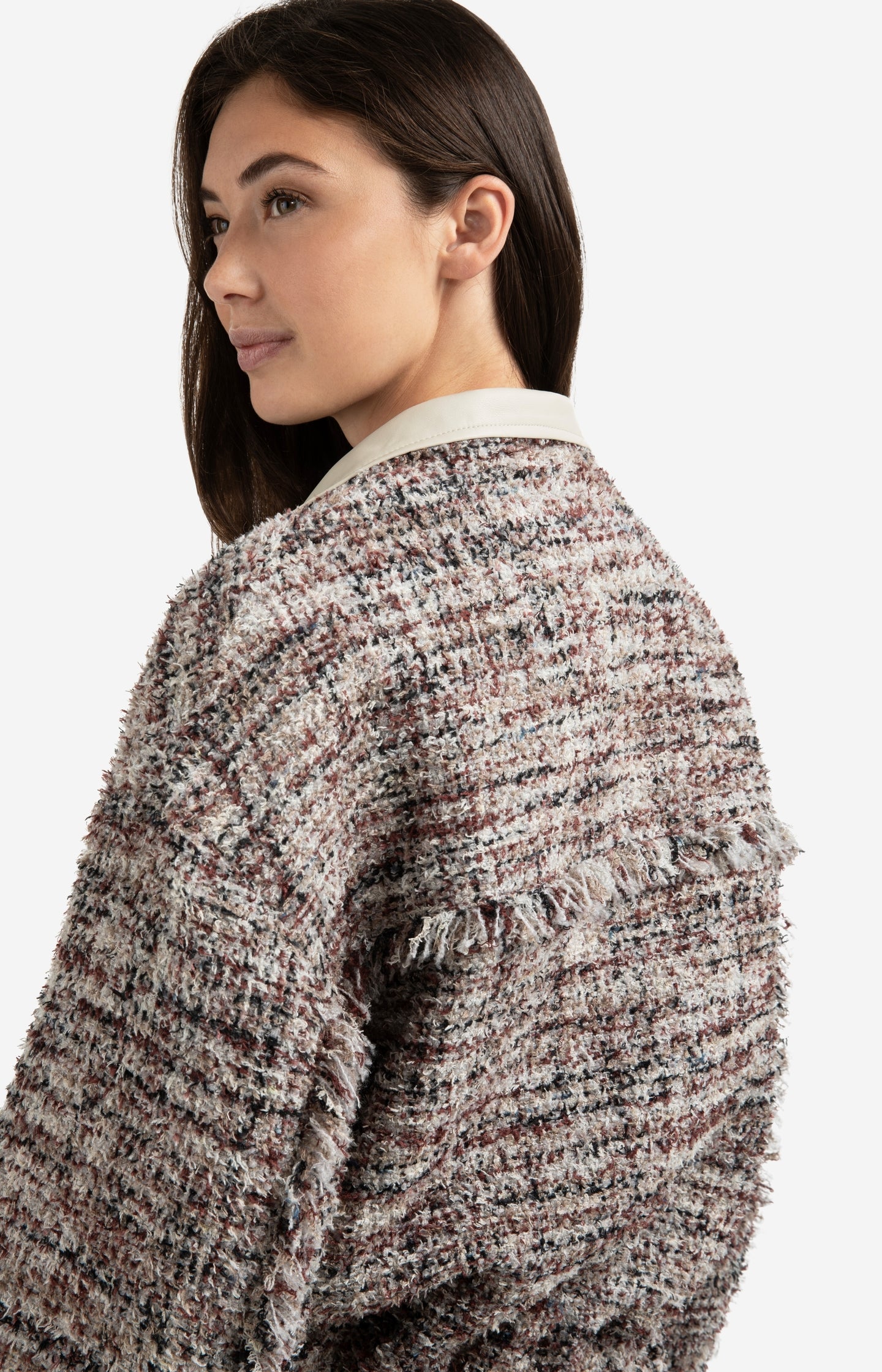 Bouclé jacket with fringes and stand-up collar