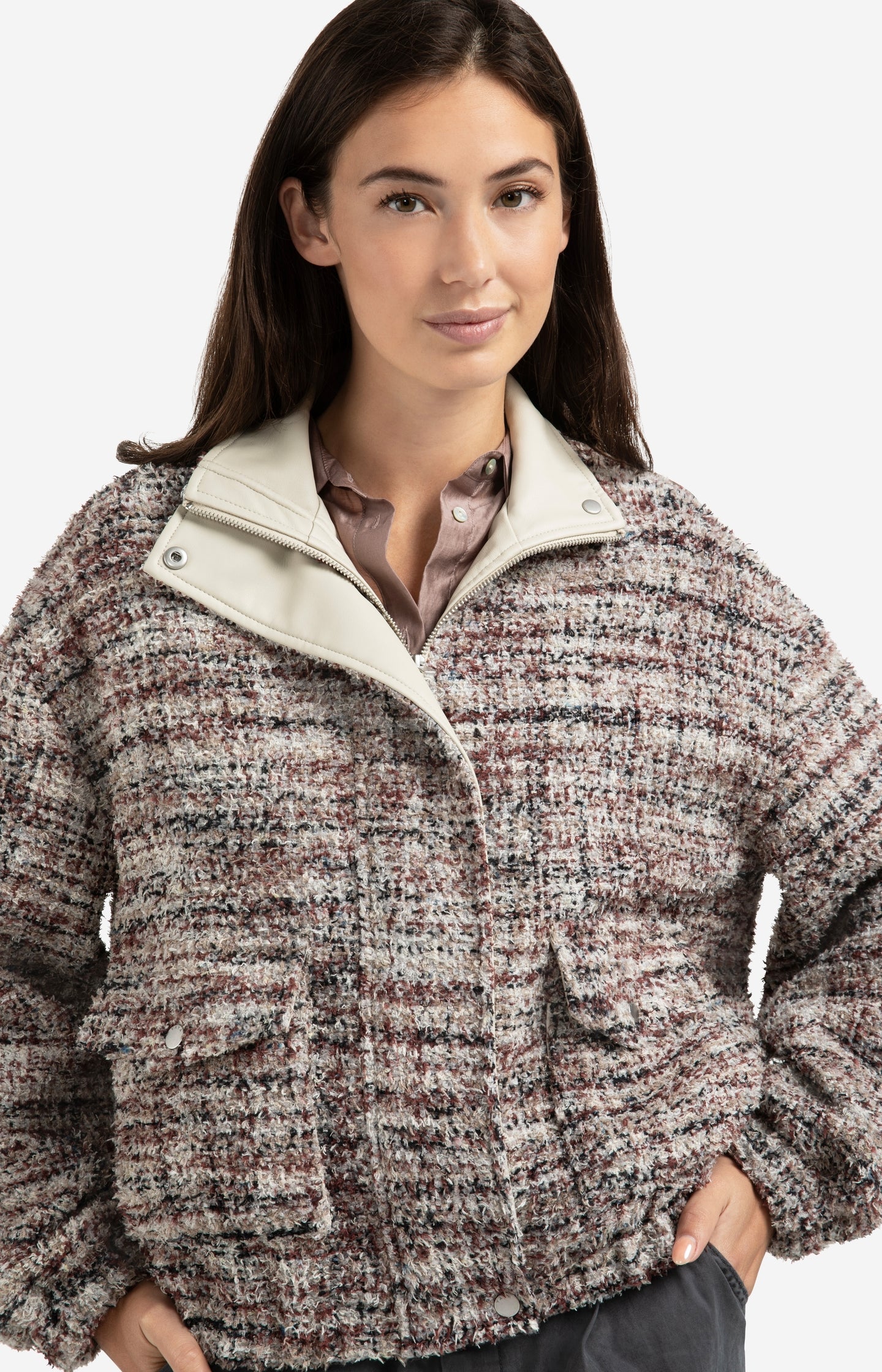 Bouclé jacket with fringes and stand-up collar