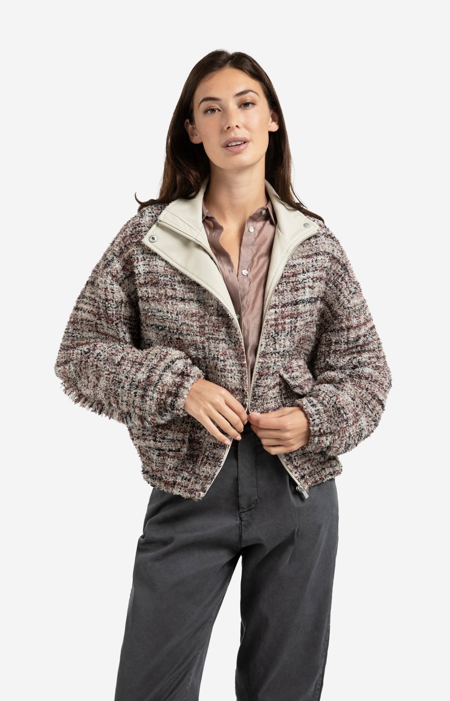 Bouclé jacket with fringes and stand-up collar