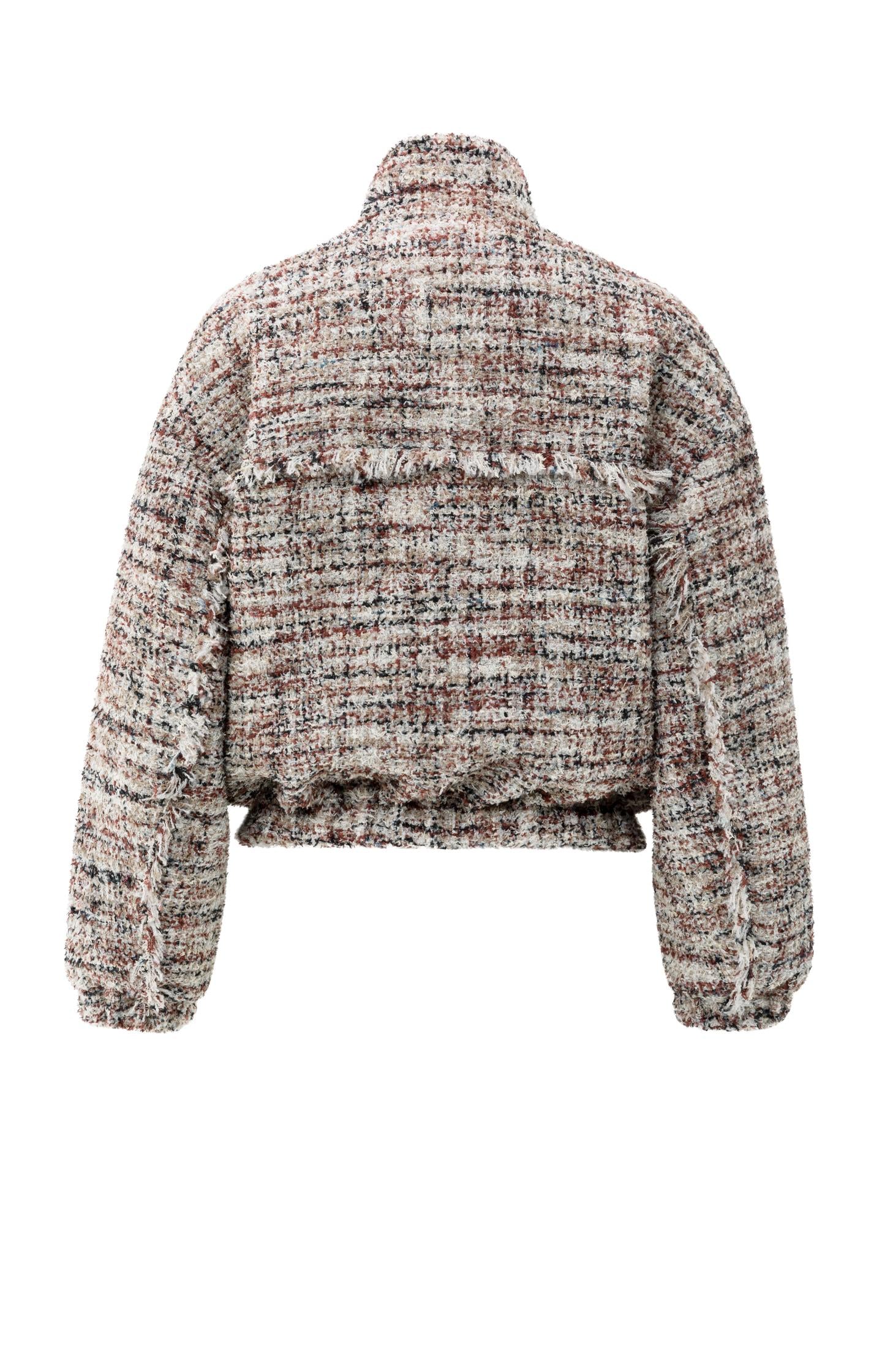 Bouclé jacket with fringes and stand-up collar