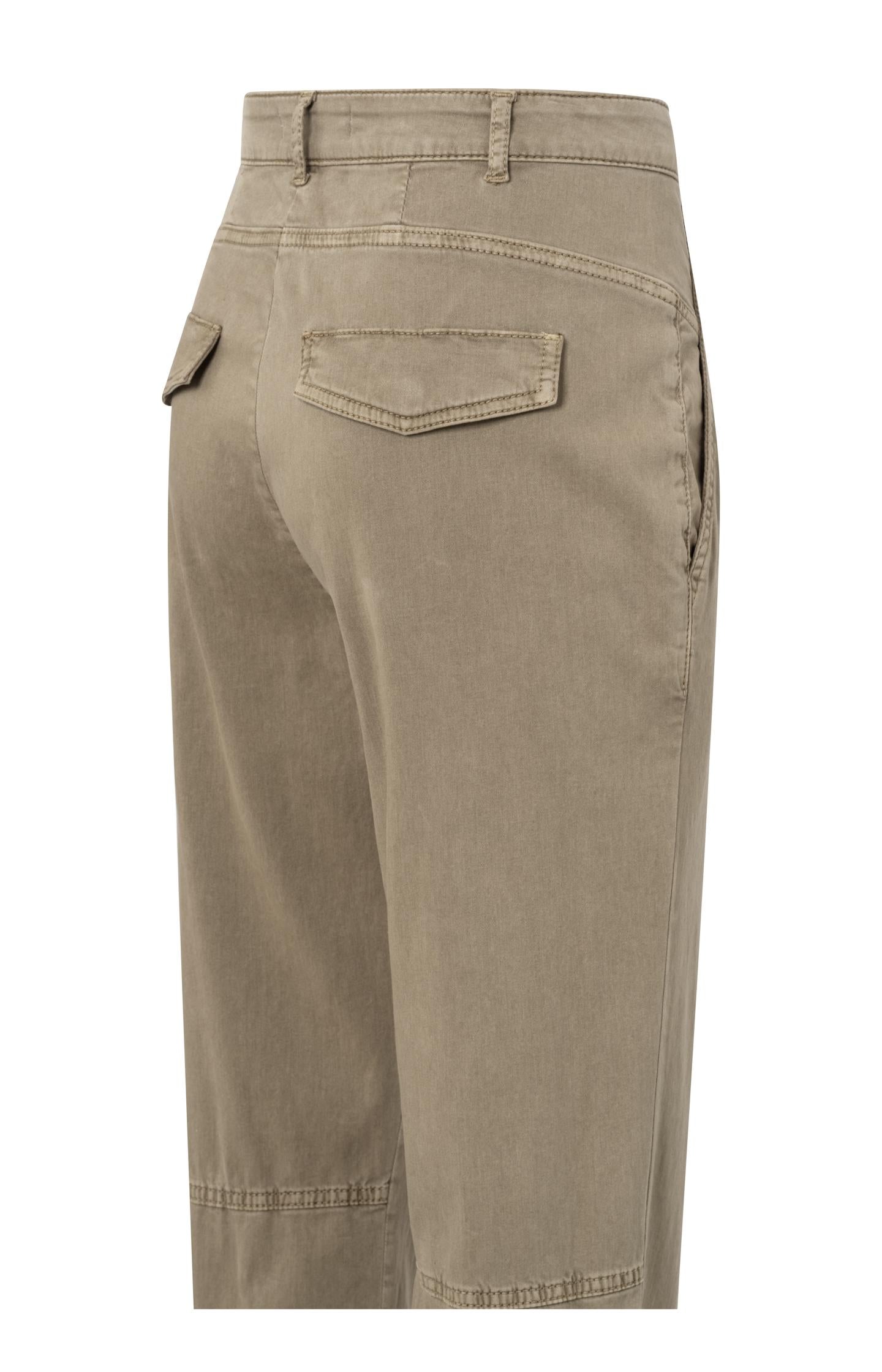 Brown cargo pants with straight elastic legs and zippers