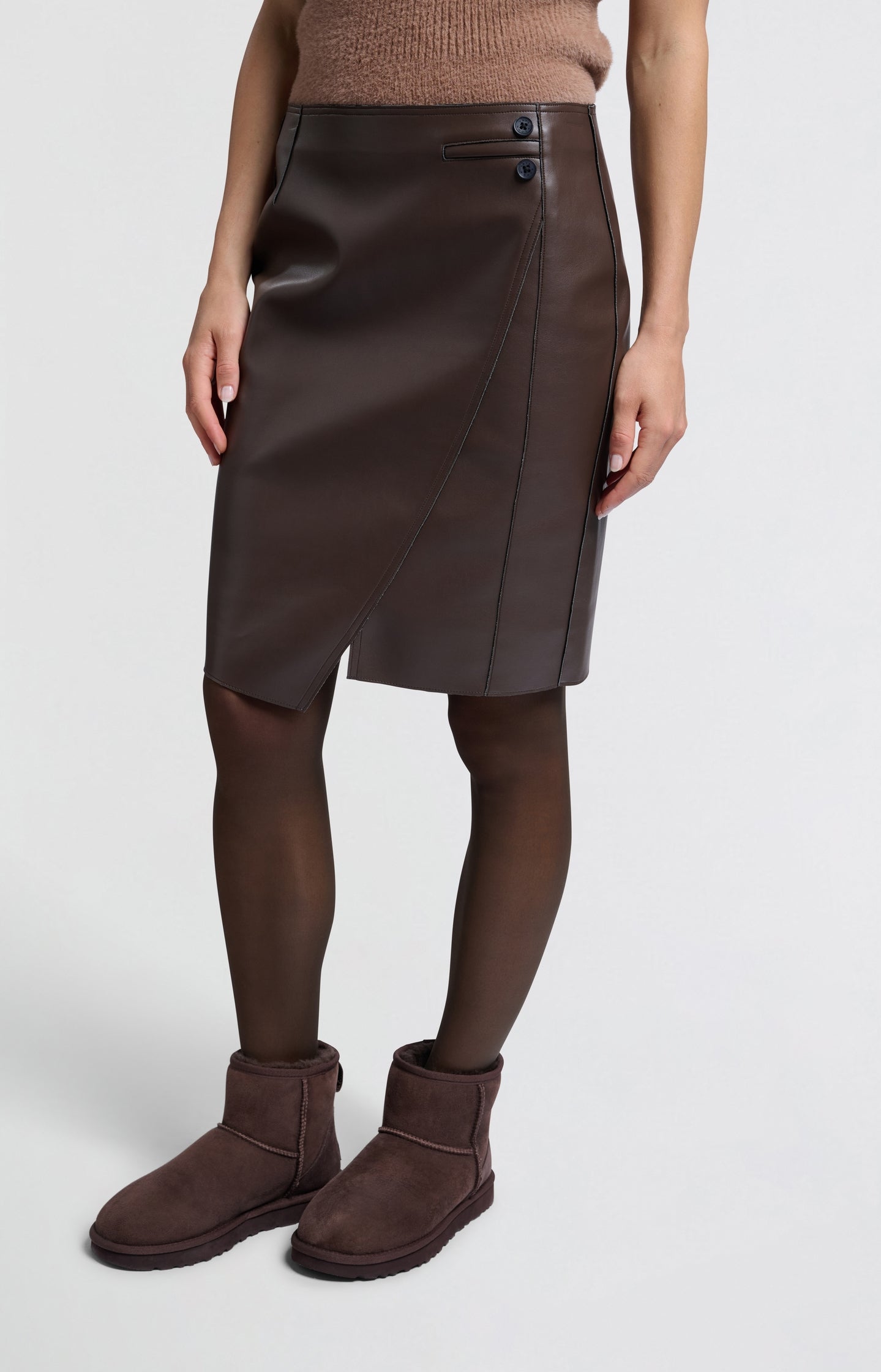 Brown faux leather midi skirt with asymmetric wrap-over - Type: lookbook