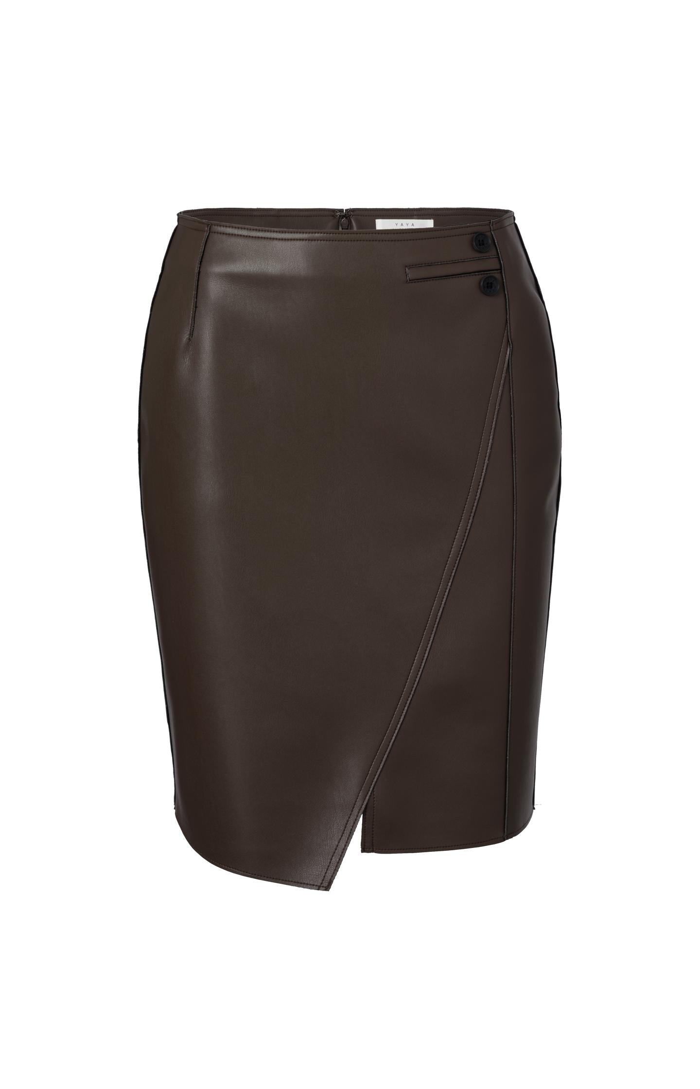 Brown faux leather midi skirt with asymmetric wrap-over - Type: product